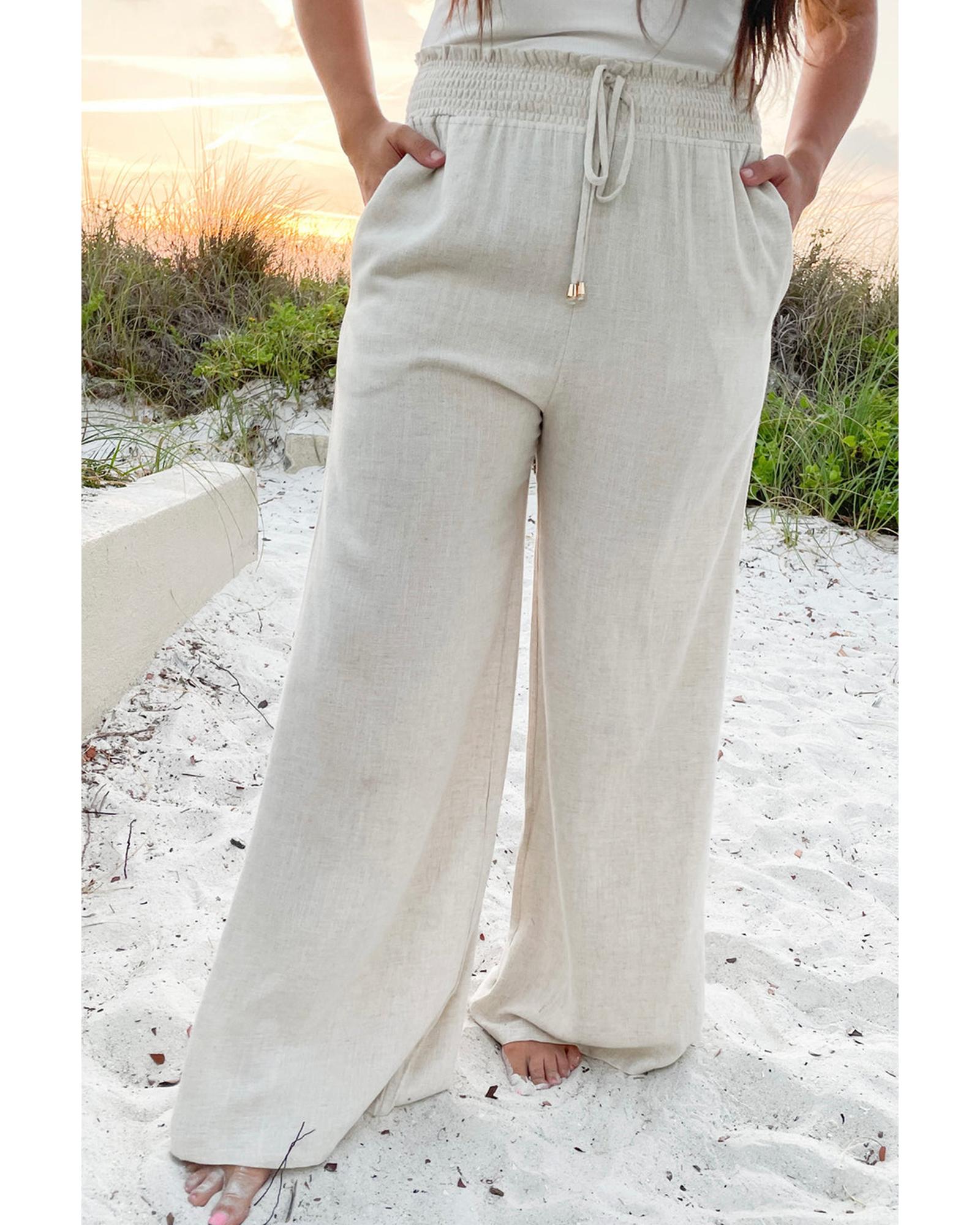 Beige Smocked High Waist Wide Leg Plus Size Pants - 1X