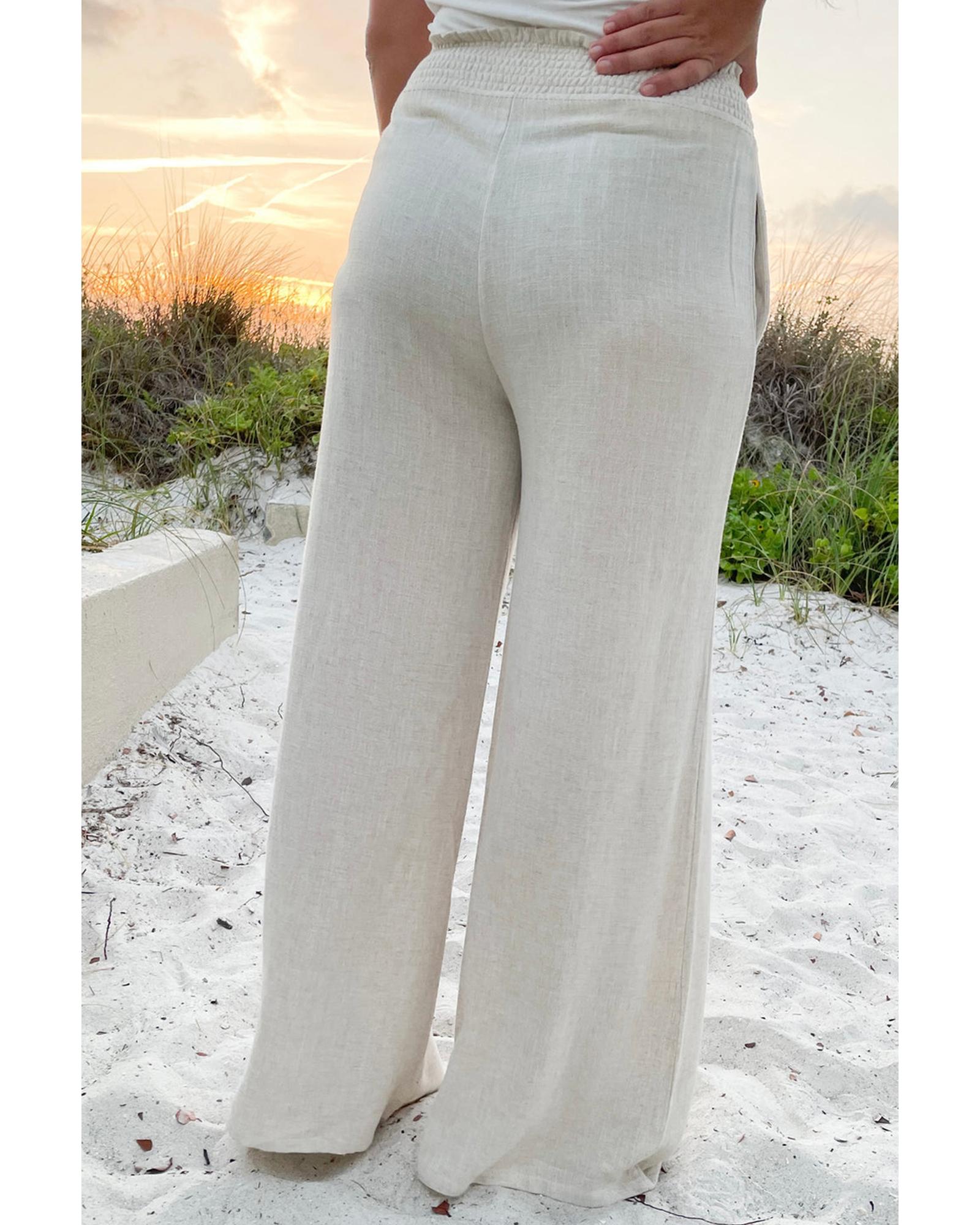 Beige Smocked High Waist Wide Leg Plus Size Pants - 4X