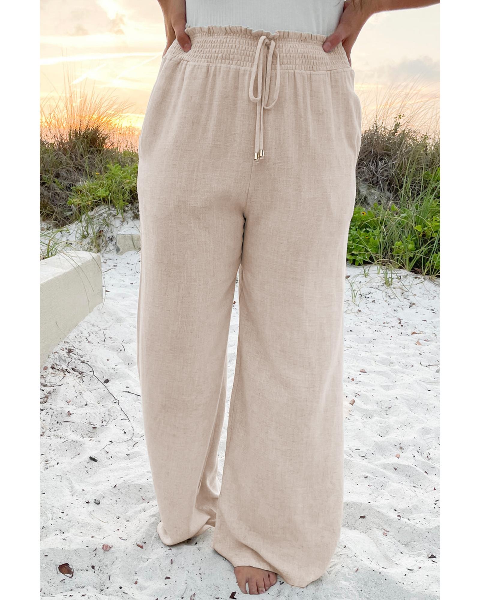 Beige Smocked High Waist Wide Leg Plus Size Pants - 4X