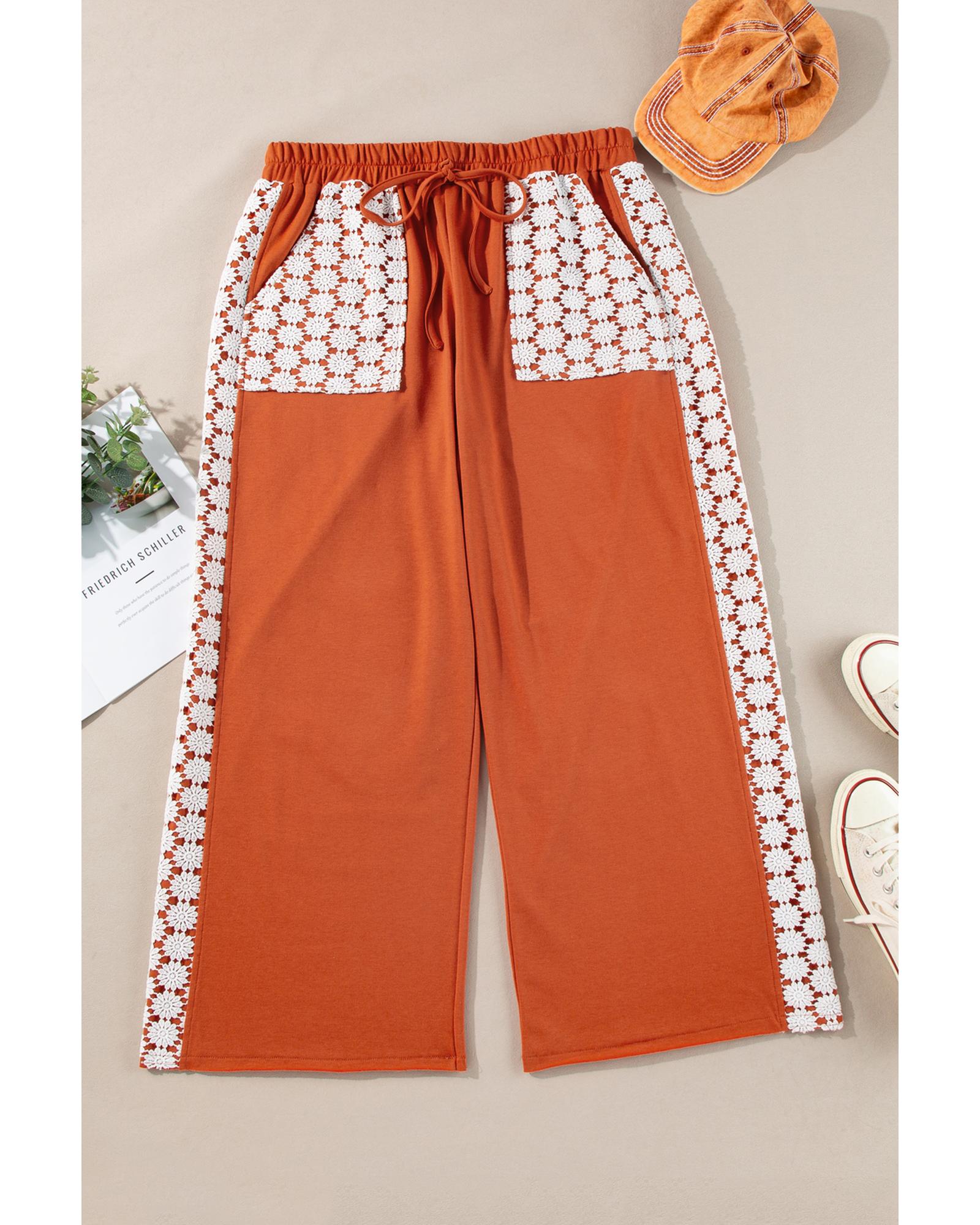 Azura Exchange Gold Flame Plus Size Floral Crochet Patch Drawstring Wide Leg Pants - 1X