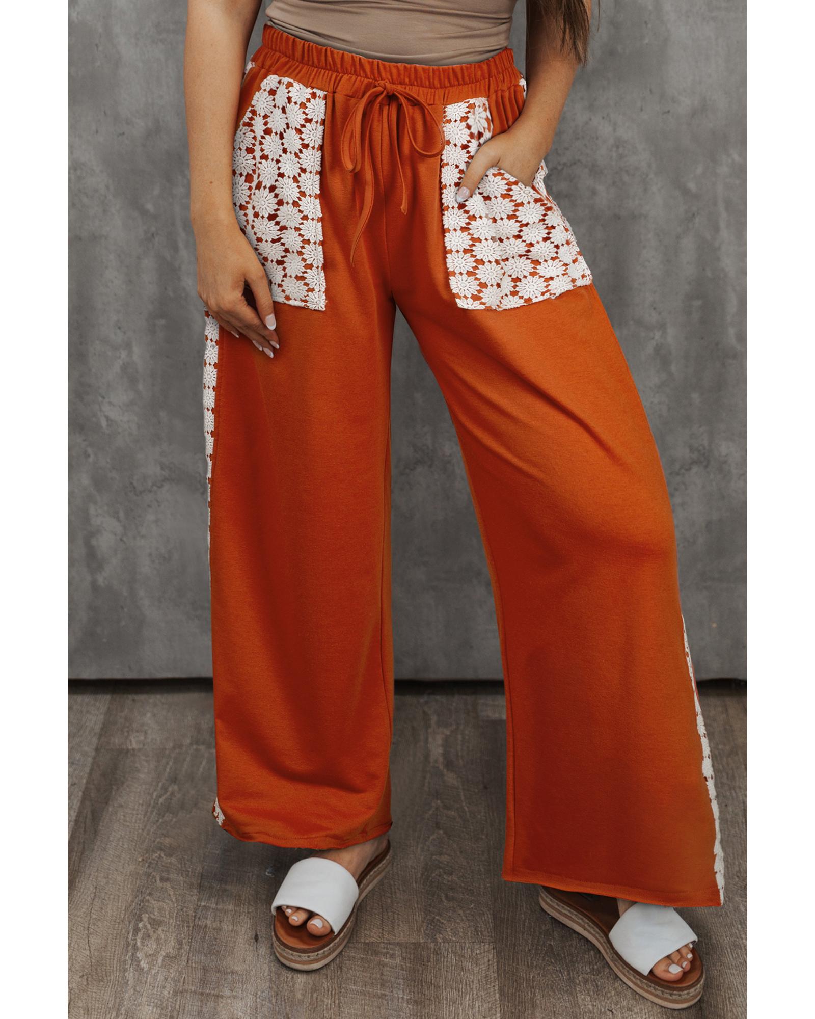 Azura Exchange Gold Flame Plus Size Floral Crochet Patch Drawstring Wide Leg Pants - 2X