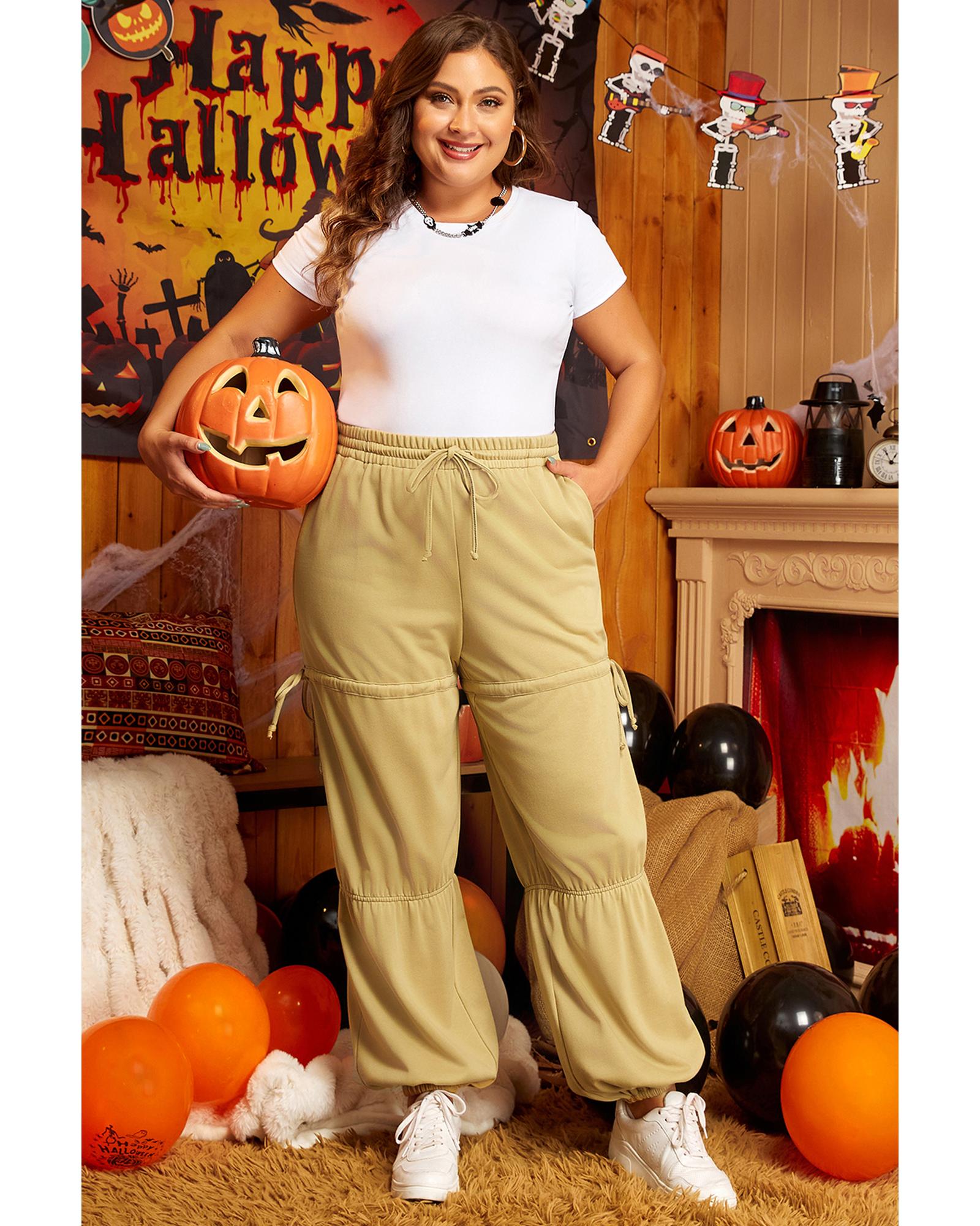 Beige Drawstring Adjusted Band High Waist Plus Size Pants - 2X