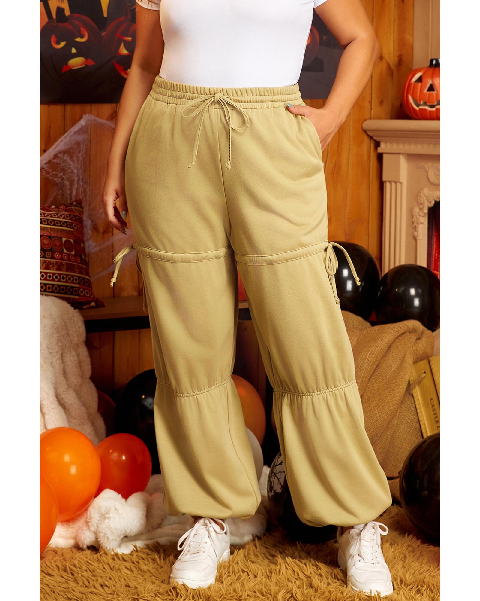 Beige Drawstring Adjusted Band High Waist Plus Size Pants - 3X