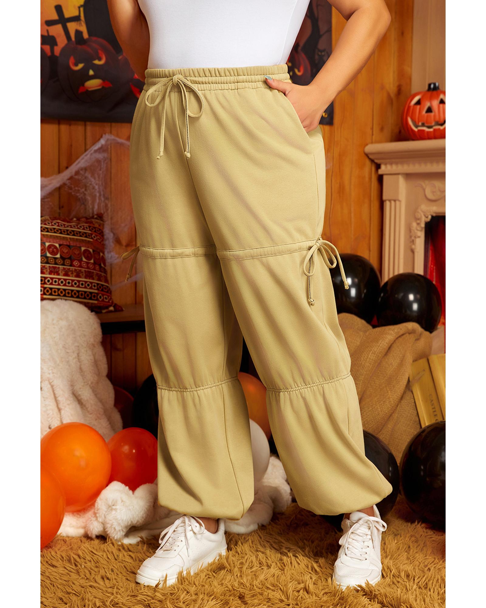 Beige Drawstring Adjusted Band High Waist Plus Size Pants - 4X