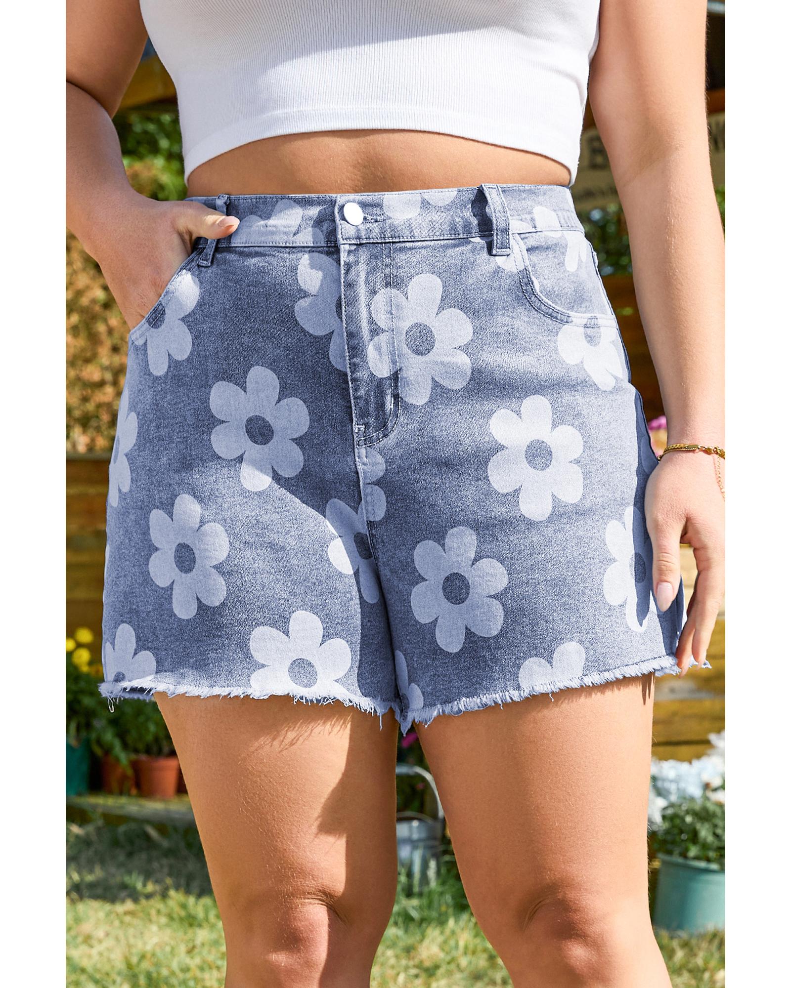 Ashleigh Blue Floral Pattern High Waist Raw Hem Plus Size Denim Shorts - 1X