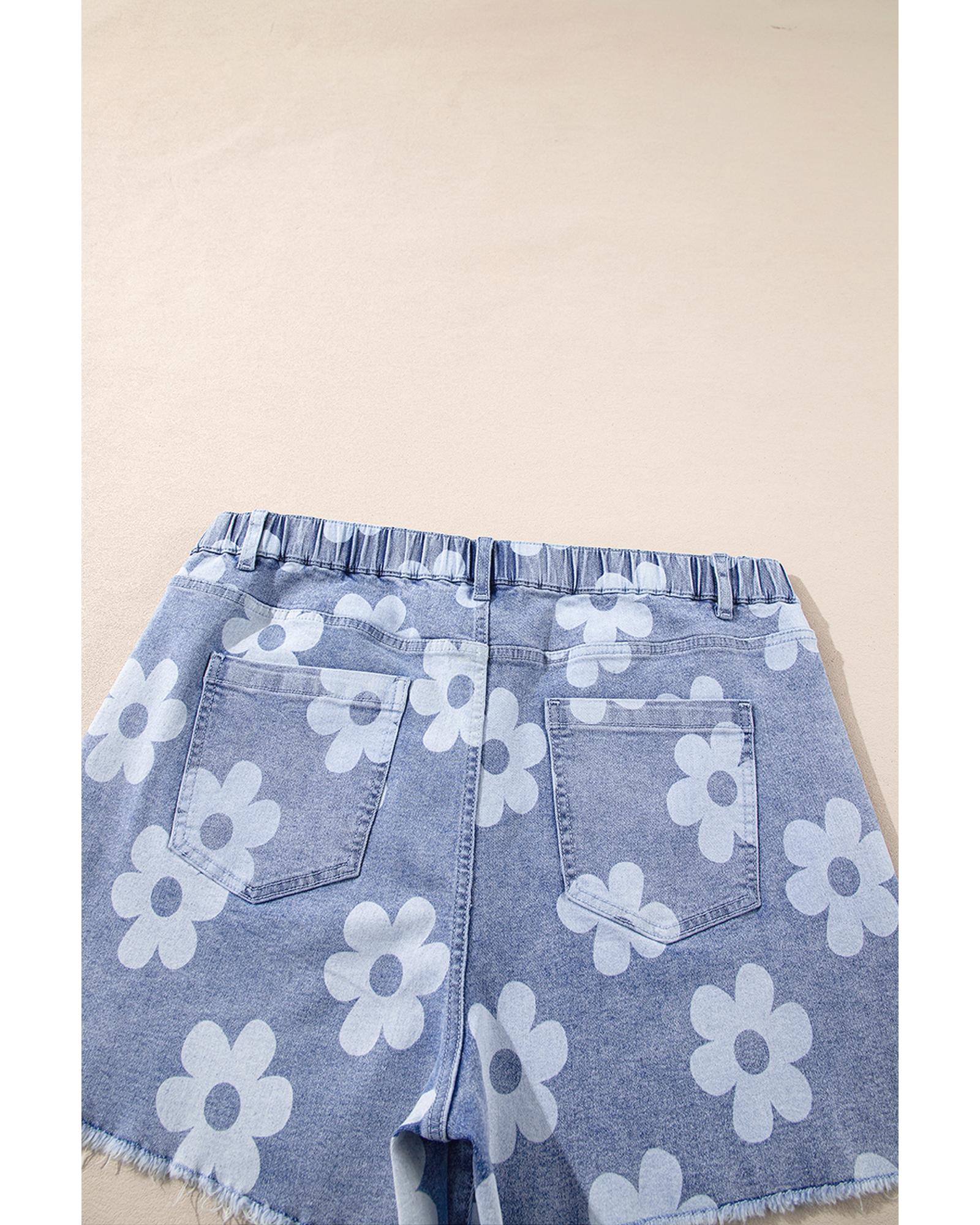 Ashleigh Blue Floral Pattern High Waist Raw Hem Plus Size Denim Shorts - 1X