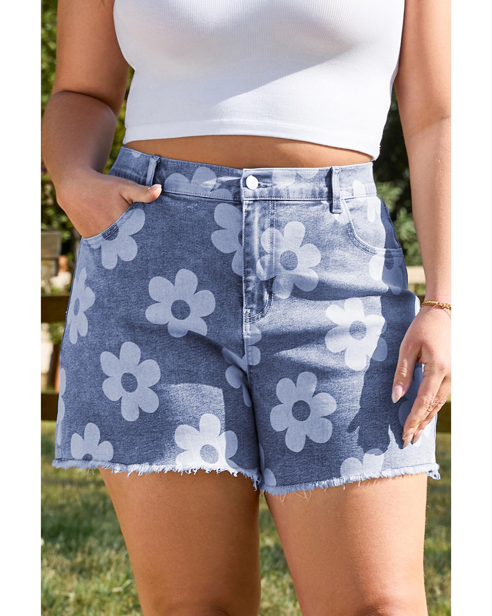 Ashleigh Blue Floral Pattern High Waist Raw Hem Plus Size Denim Shorts - 2X