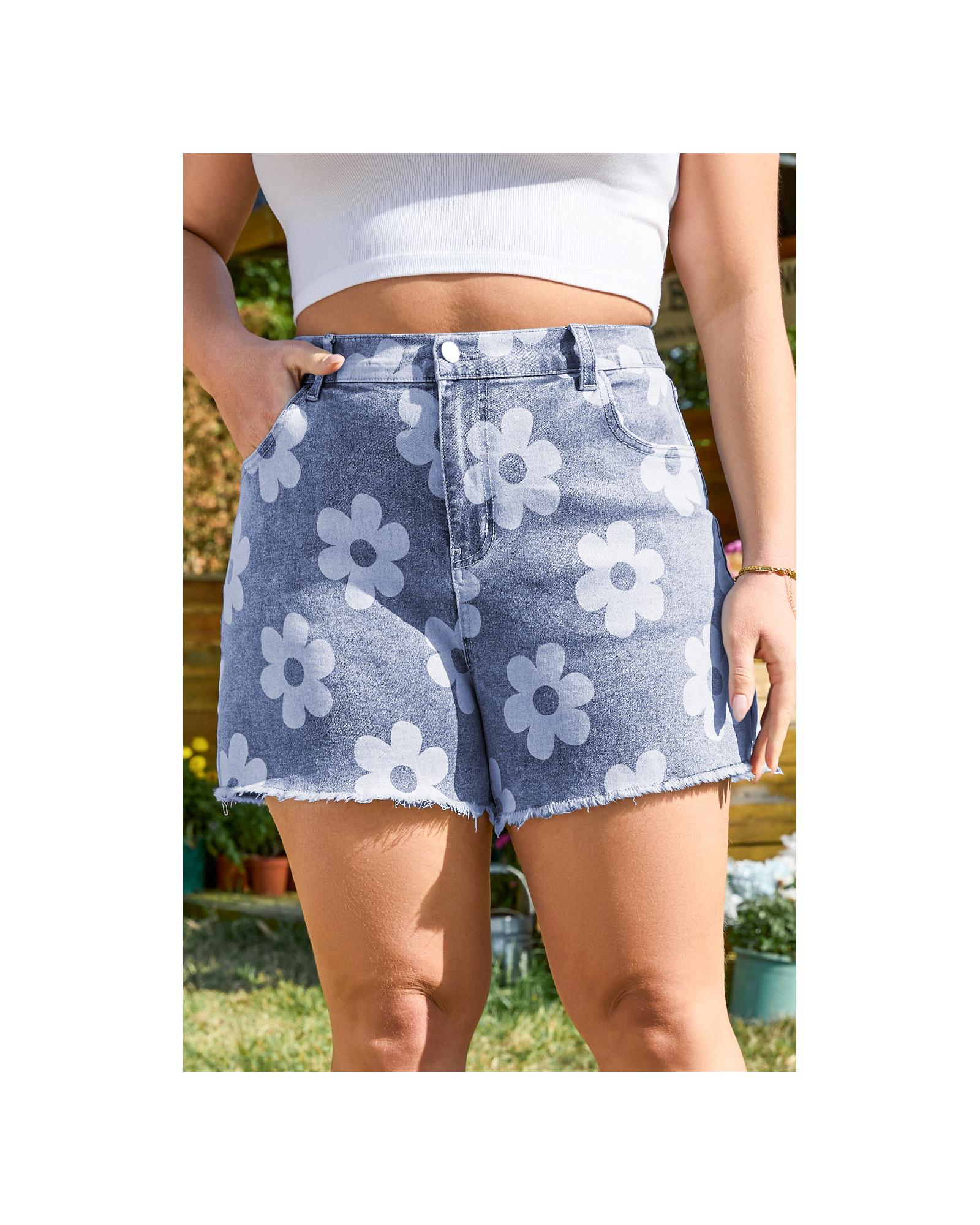 Ashleigh Blue Floral Pattern High Waist Raw Hem Plus Size Denim Shorts - 3X