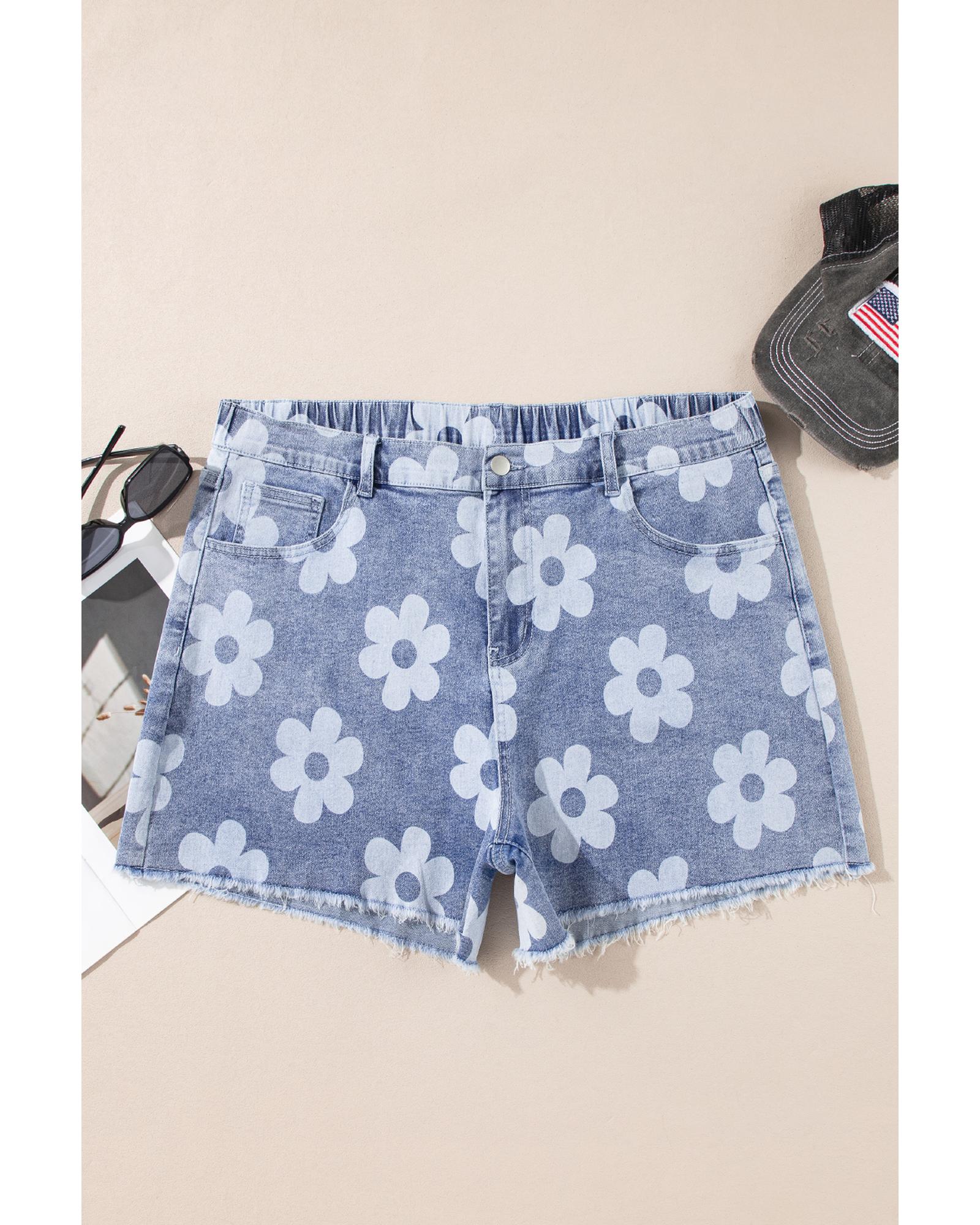 Ashleigh Blue Floral Pattern High Waist Raw Hem Plus Size Denim Shorts - 3X