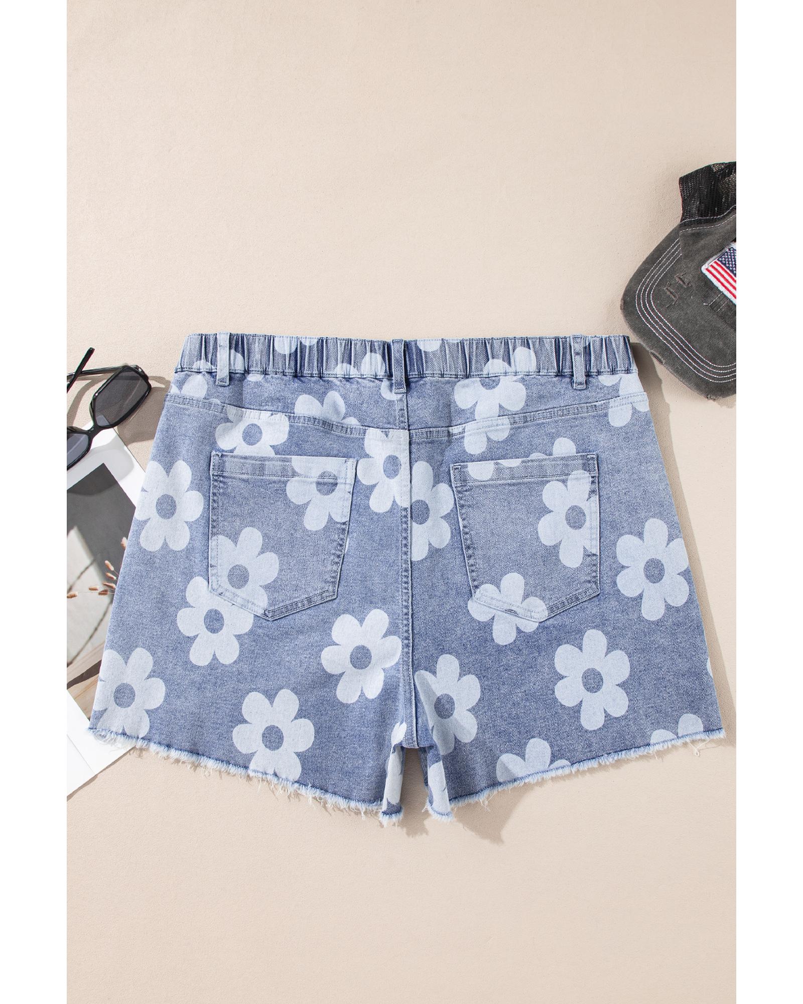 Ashleigh Blue Floral Pattern High Waist Raw Hem Plus Size Denim Shorts - 3X