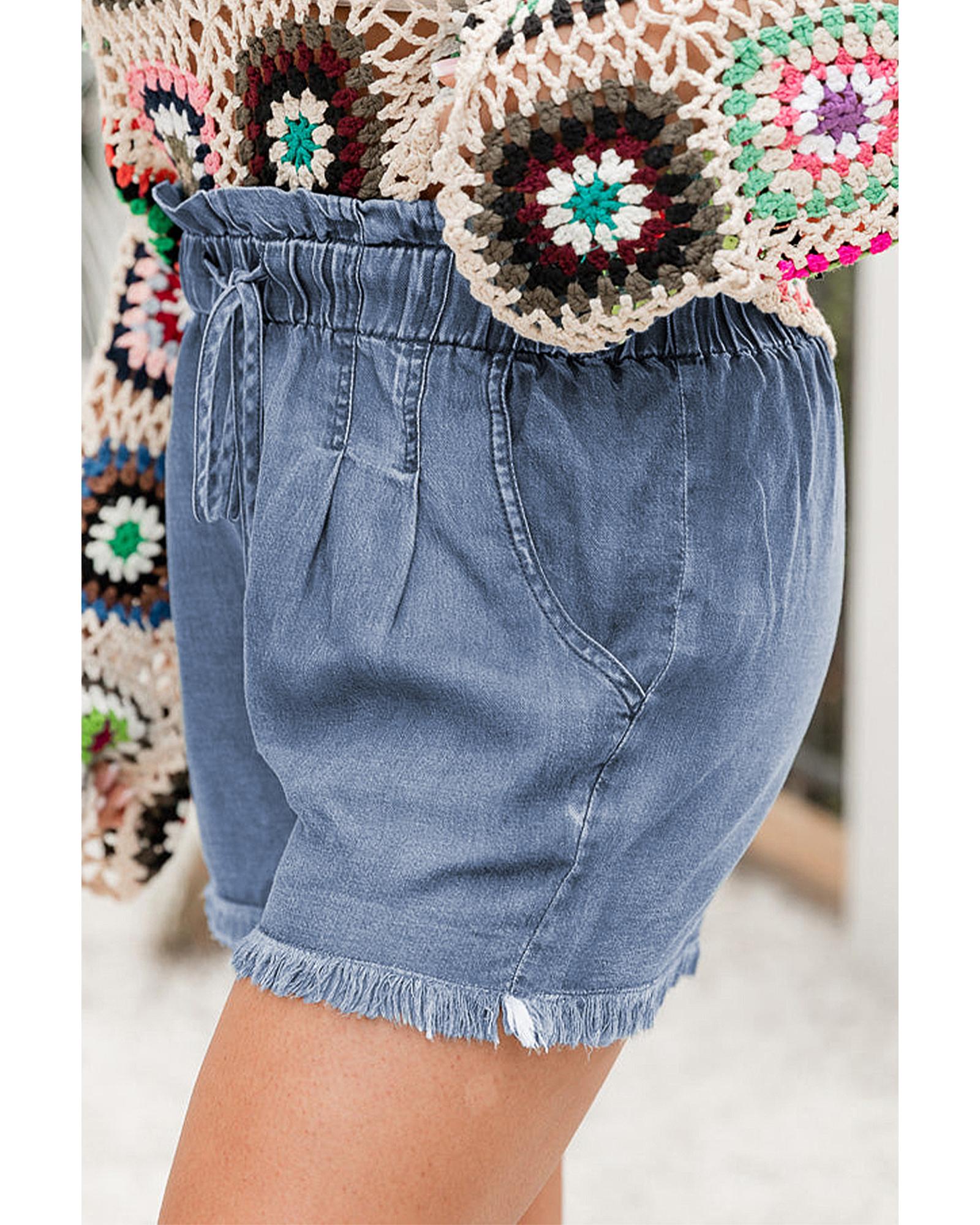 Dusk Blue Raw Hem Lace-up High Waist Plus Size Denim Shorts - 4X