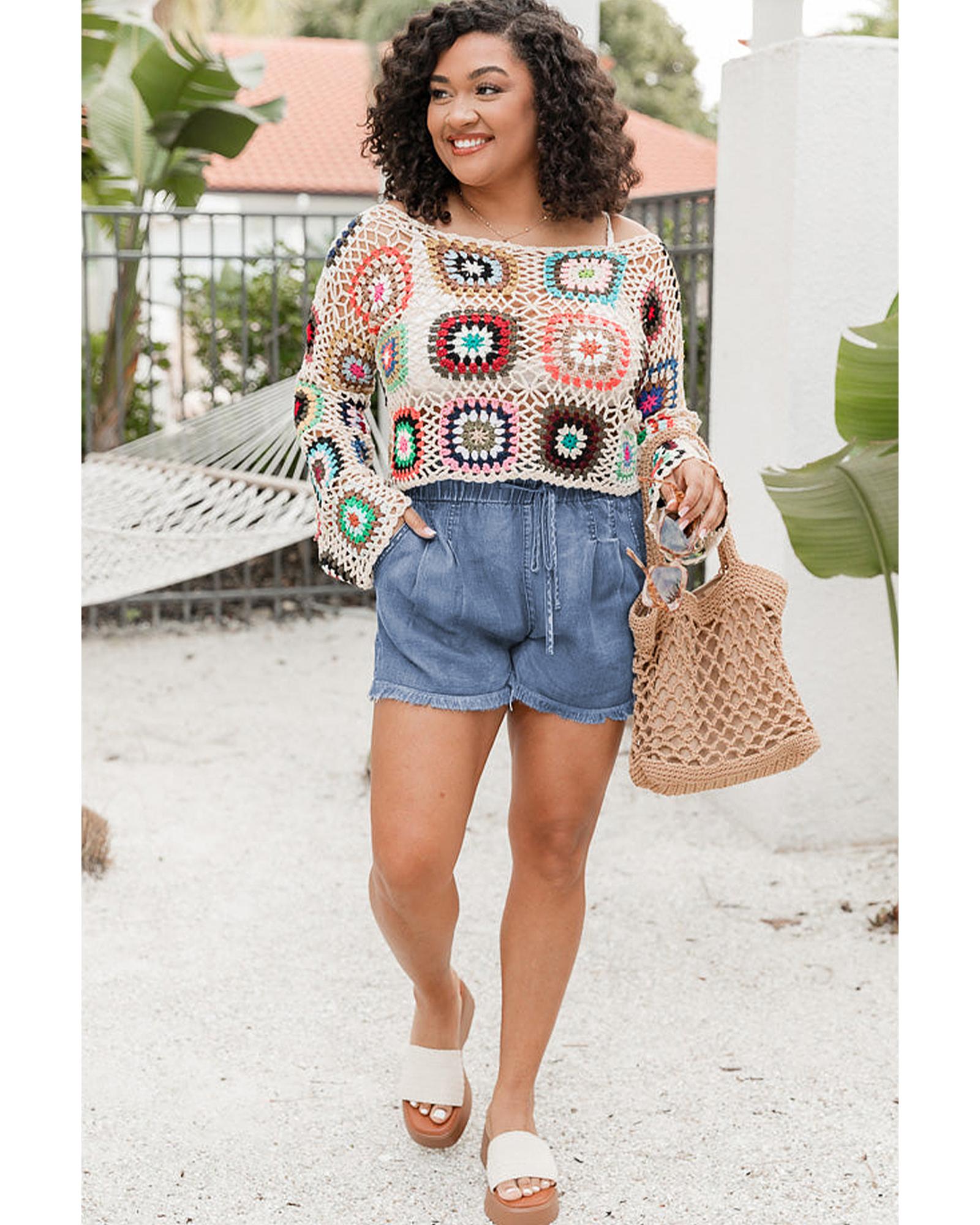 Dusk Blue Raw Hem Lace-up High Waist Plus Size Denim Shorts - 4X