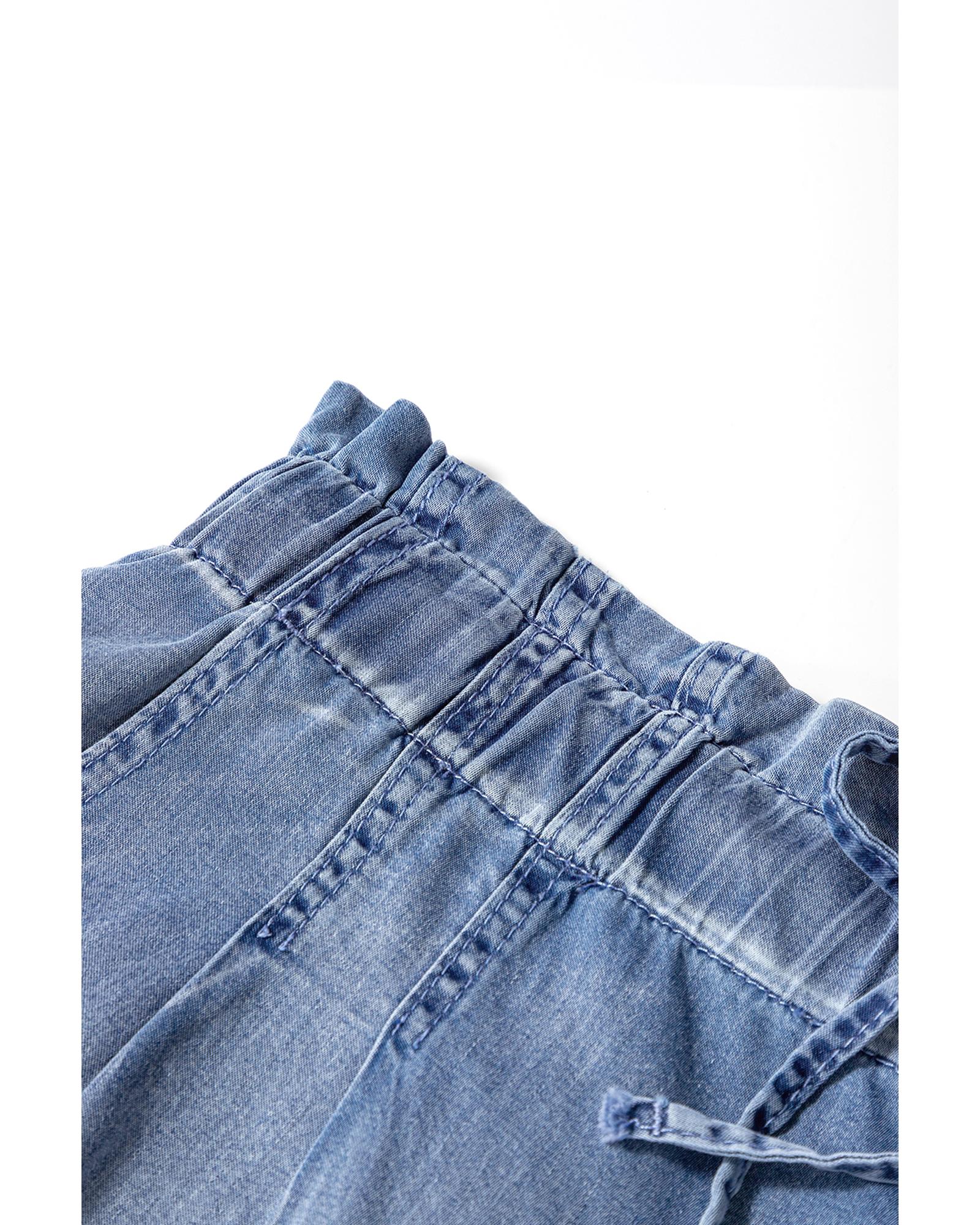Dusk Blue Raw Hem Lace-up High Waist Plus Size Denim Shorts - 4X