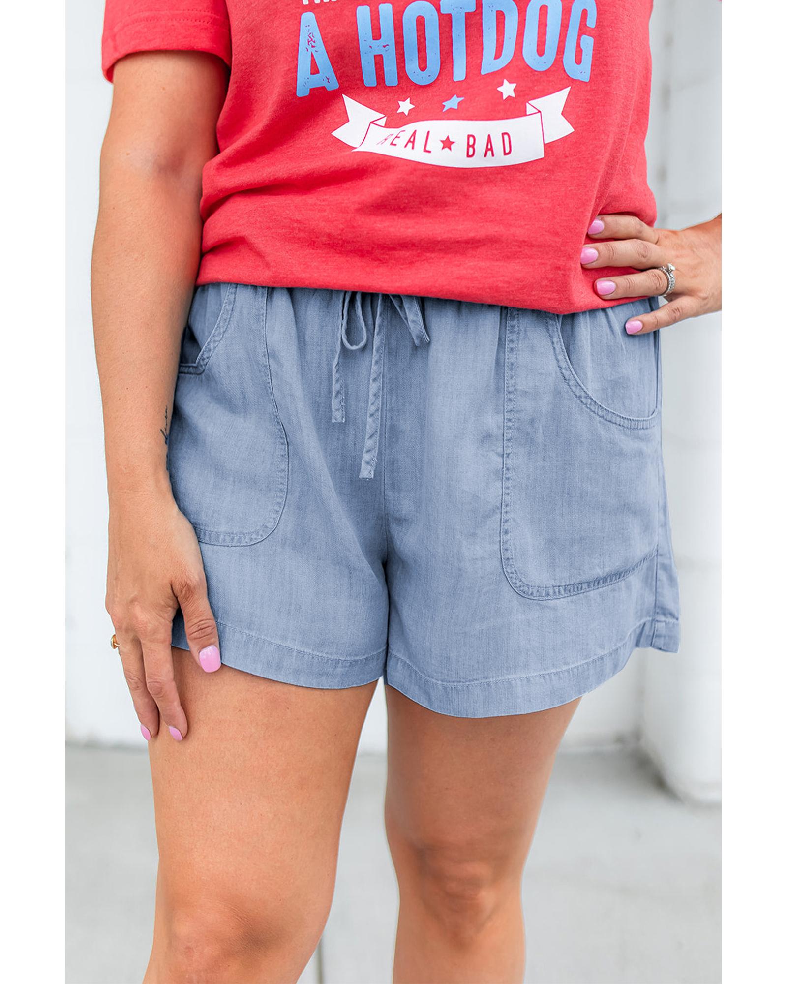Beau Blue Pocketed Drawstring High Waist Plus Size Denim Shorts - 1X