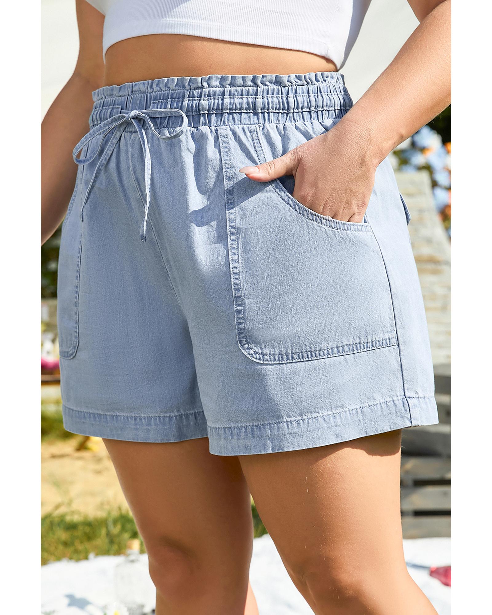 Beau Blue Pocketed Drawstring High Waist Plus Size Denim Shorts - 2X