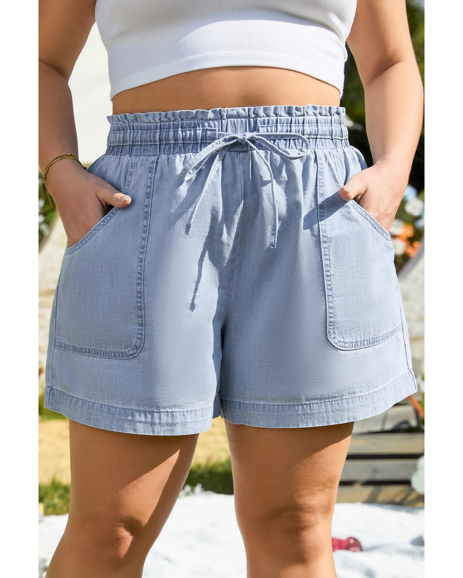Beau Blue Pocketed Drawstring High Waist Plus Size Denim Shorts - 2X