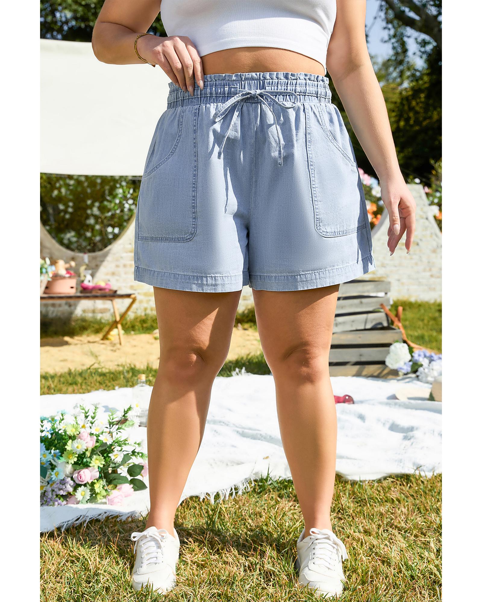 Beau Blue Pocketed Drawstring High Waist Plus Size Denim Shorts - 2X