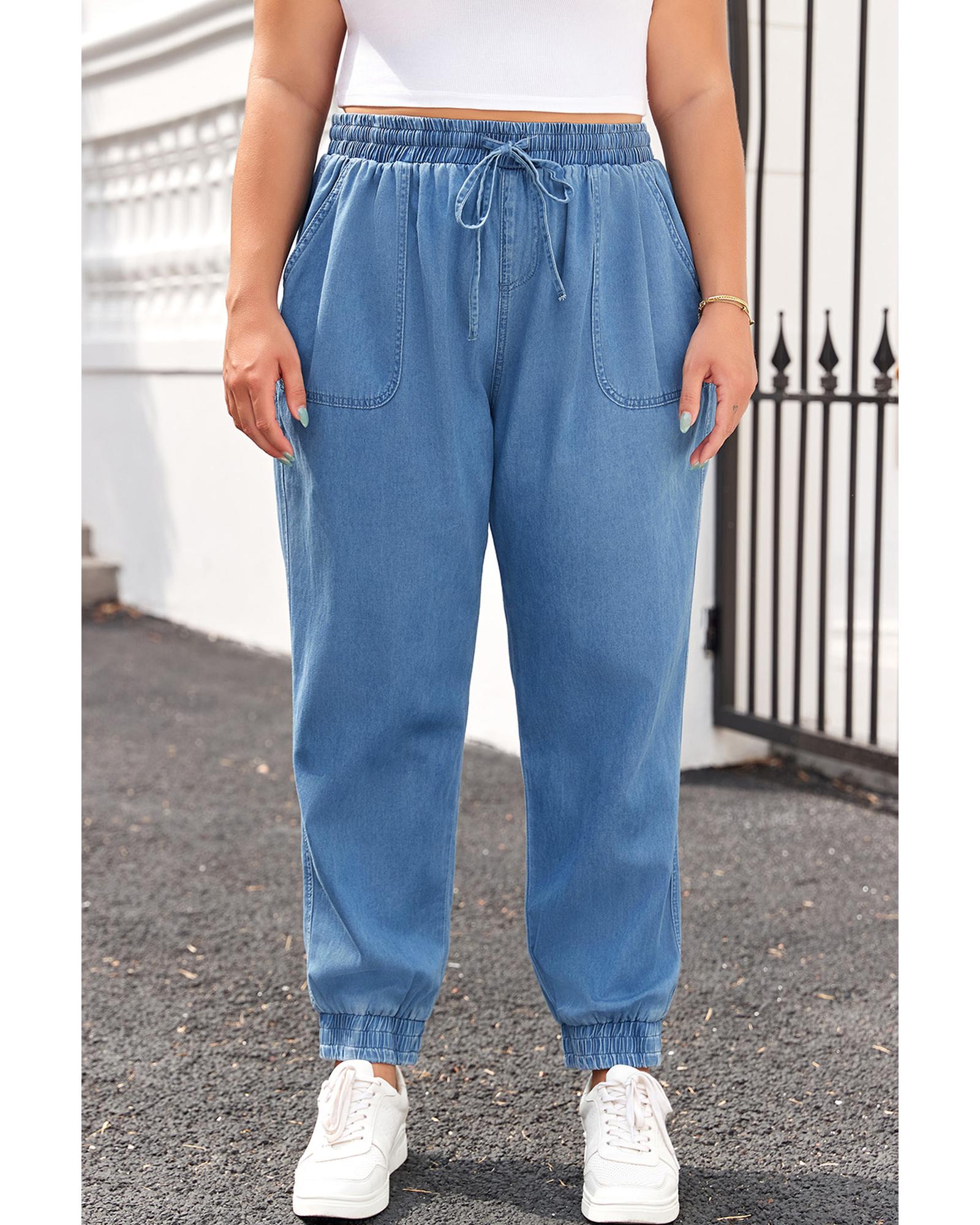 Dusk Blue Drawstring Waist Pocketed Plus Size Denim Joggers - 3X