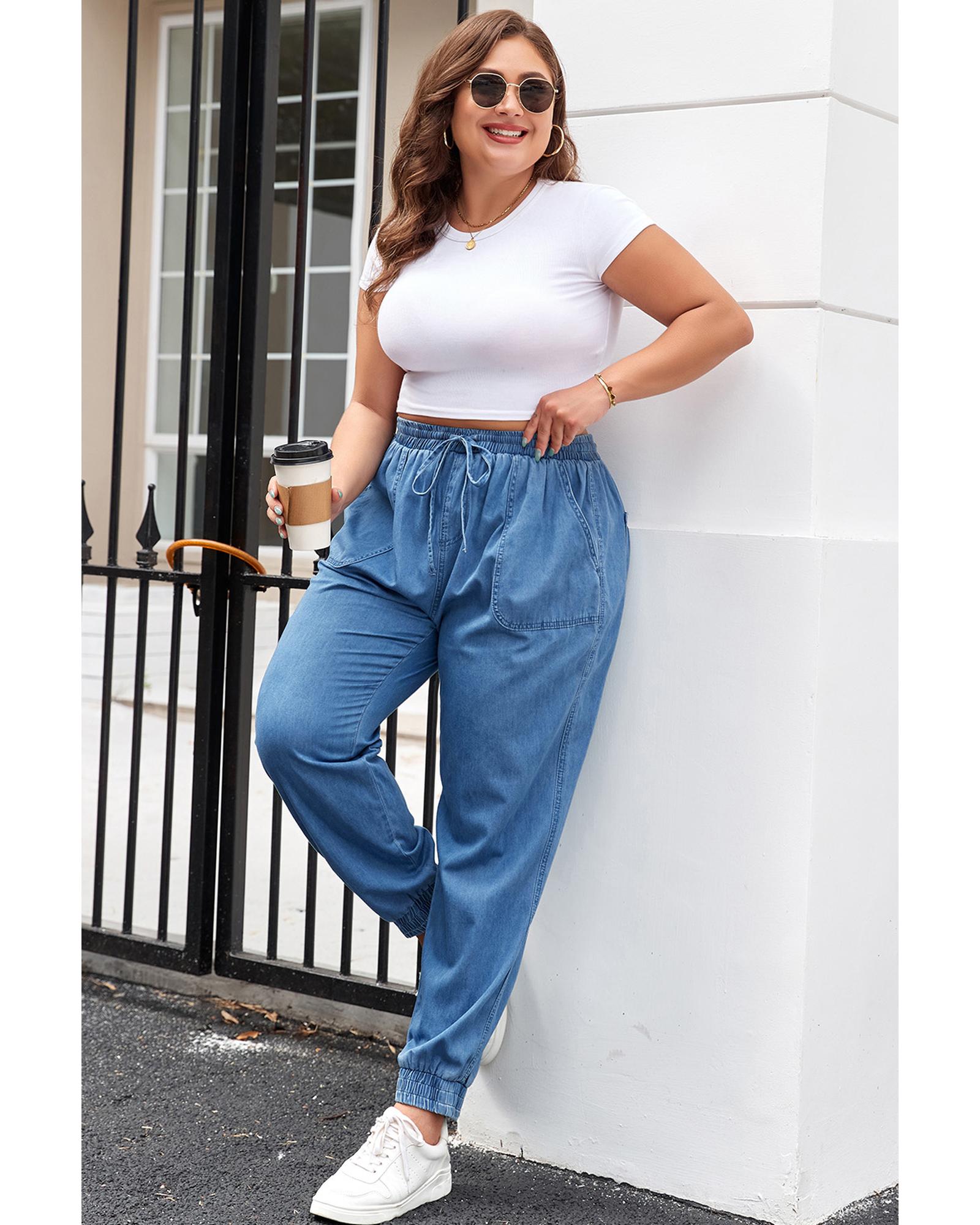Dusk Blue Drawstring Waist Pocketed Plus Size Denim Joggers - 4X