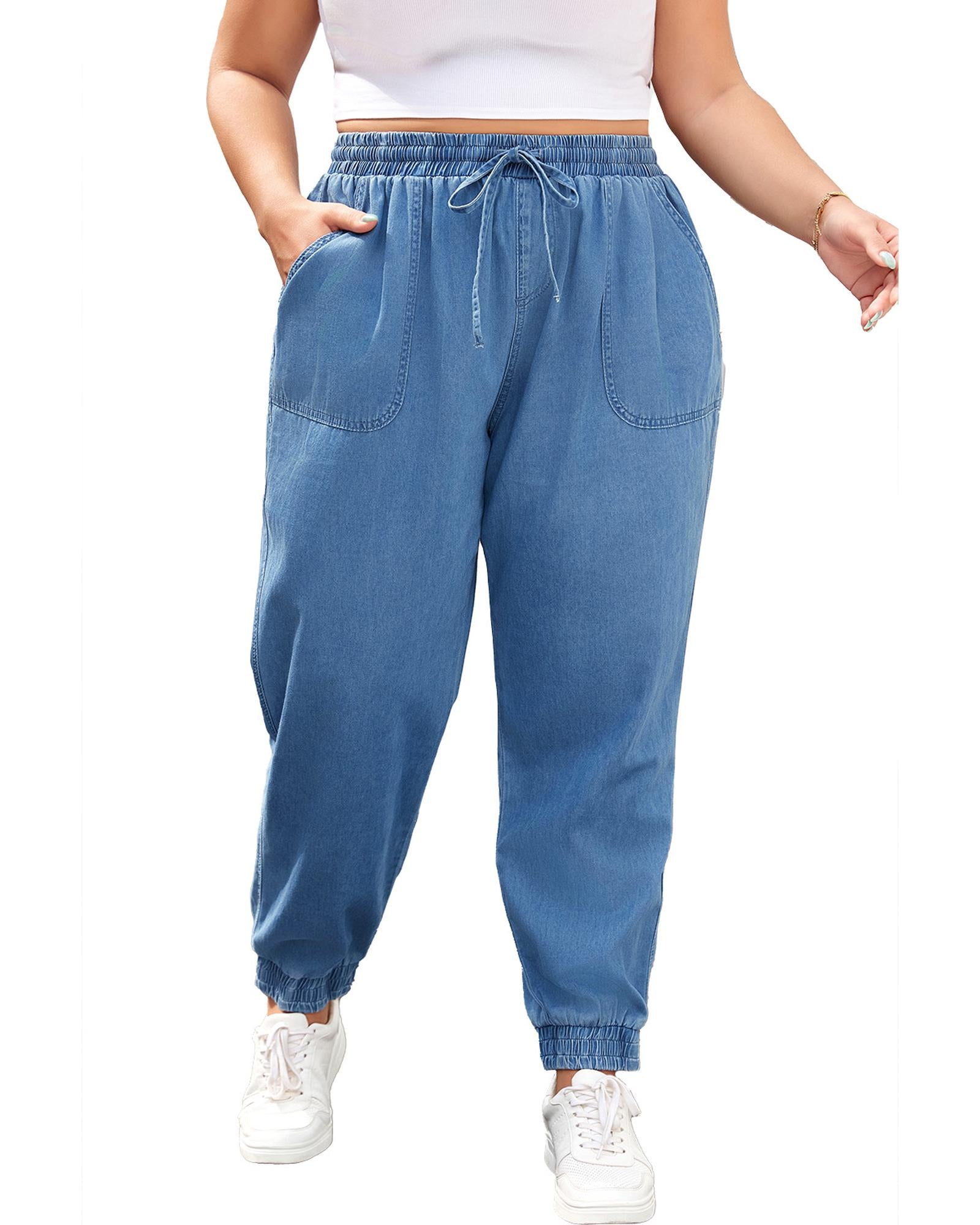 Dusk Blue Drawstring Waist Pocketed Plus Size Denim Joggers - 4X