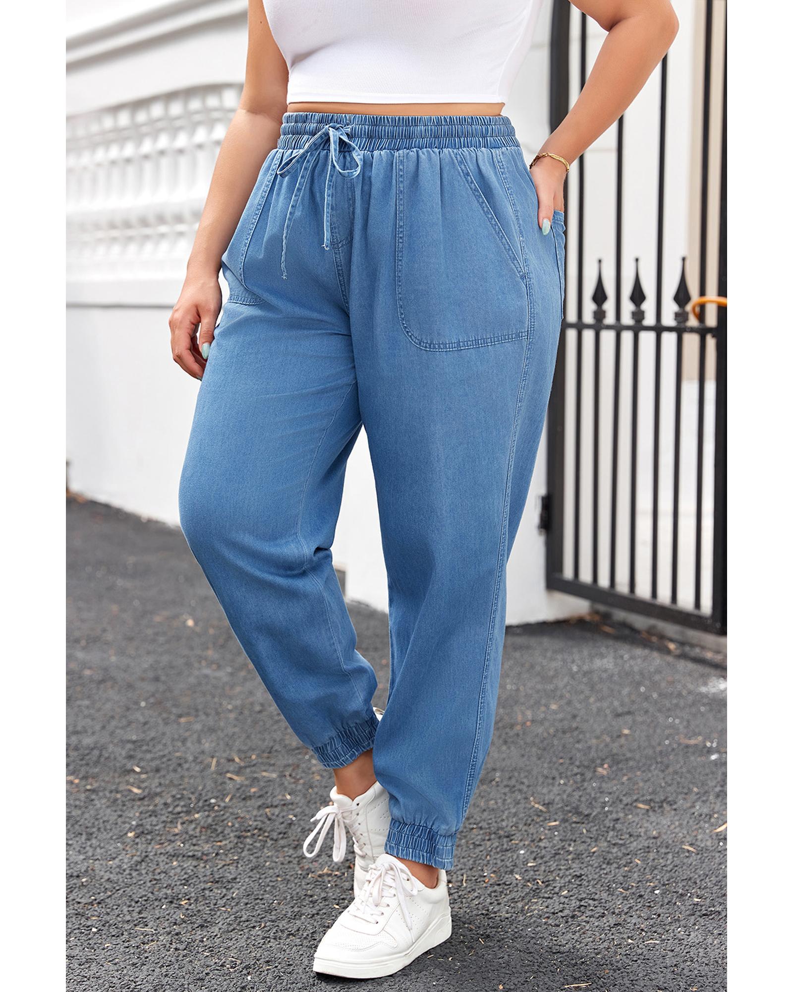 Dusk Blue Drawstring Waist Pocketed Plus Size Denim Joggers - 4X