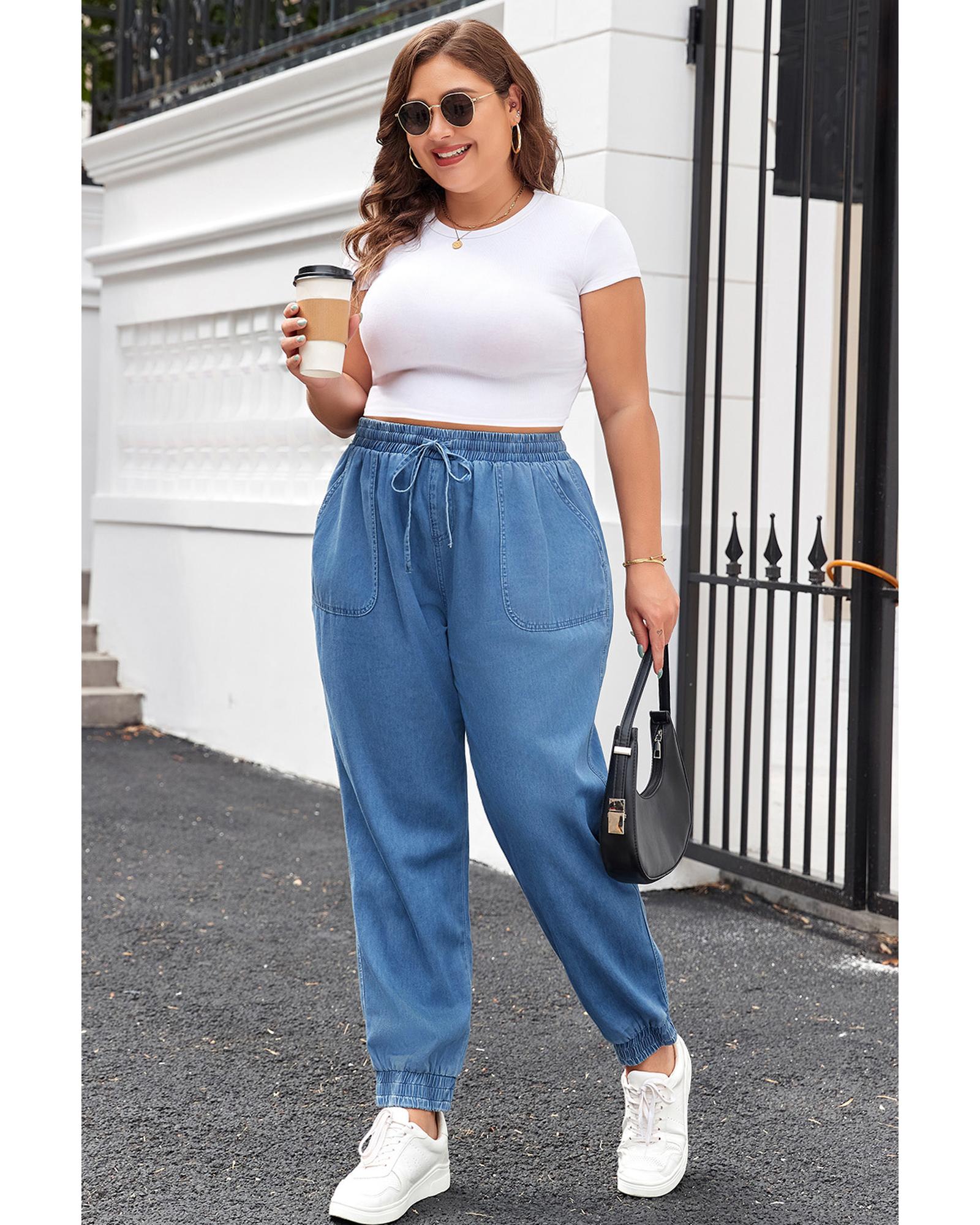 Dusk Blue Drawstring Waist Pocketed Plus Size Denim Joggers - 4X