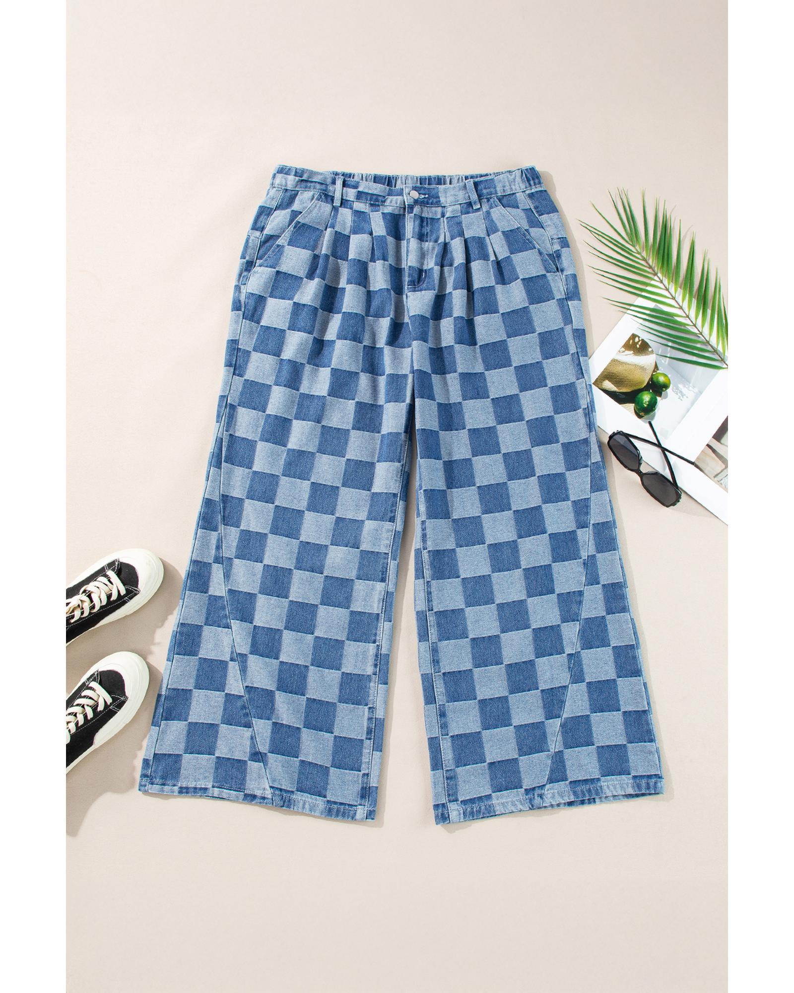 Azura Exchange Dusk Blue Plus Size Checkered Seamed High Waist Wide Leg Jeans - 4X