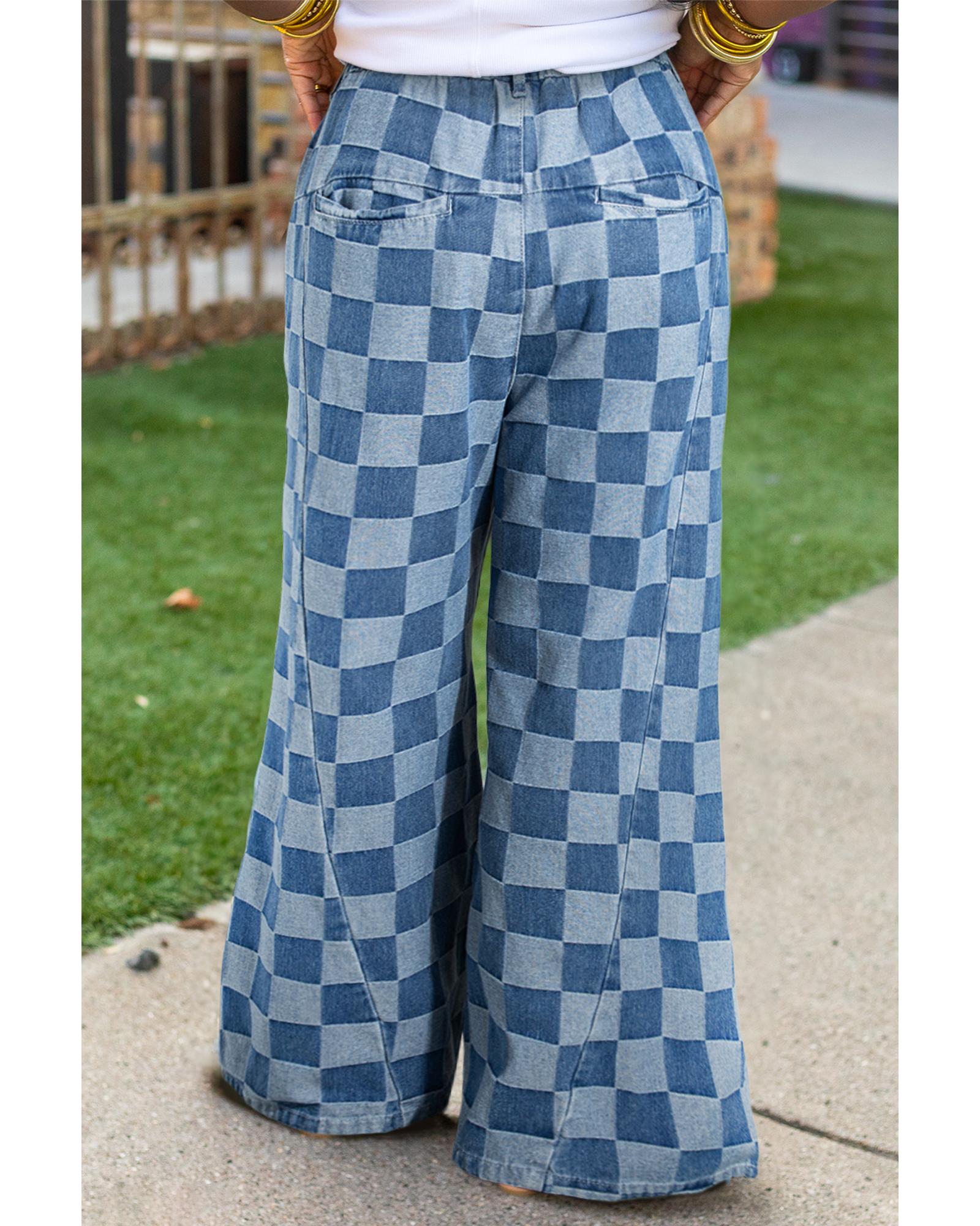 Azura Exchange Dusk Blue Plus Size Checkered Seamed High Waist Wide Leg Jeans - 4X