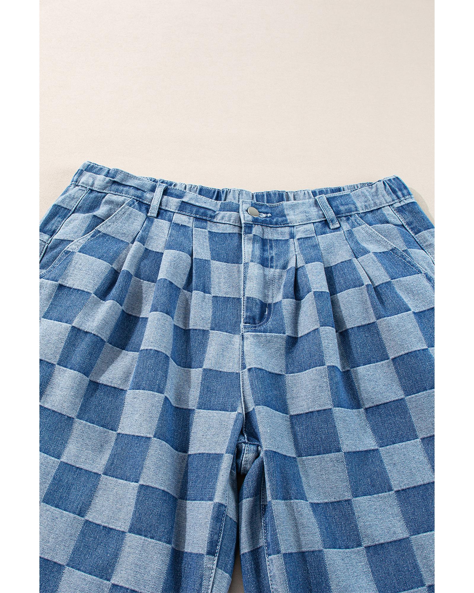 Azura Exchange Dusk Blue Plus Size Checkered Seamed High Waist Wide Leg Jeans - 4X
