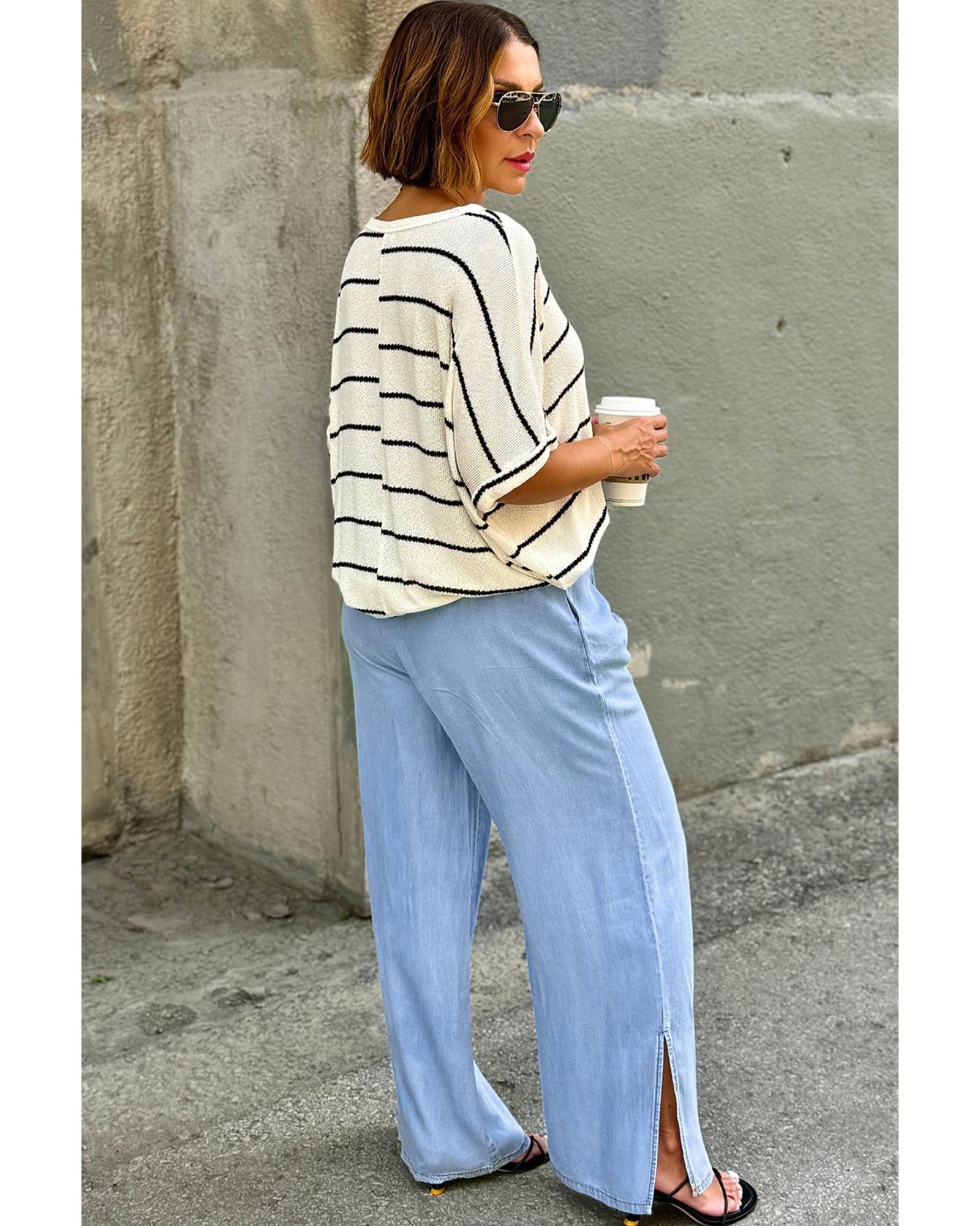 Beau Blue Casual Wide Slit Leg High Waist Loose Plus Size Jeans - 4X