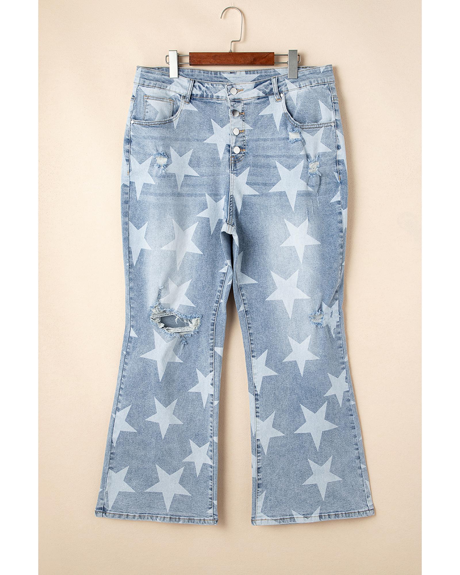Sky Blue Star Printed Multi Buttons Slit Knee Destroyed Plus Size Jeans - 1X