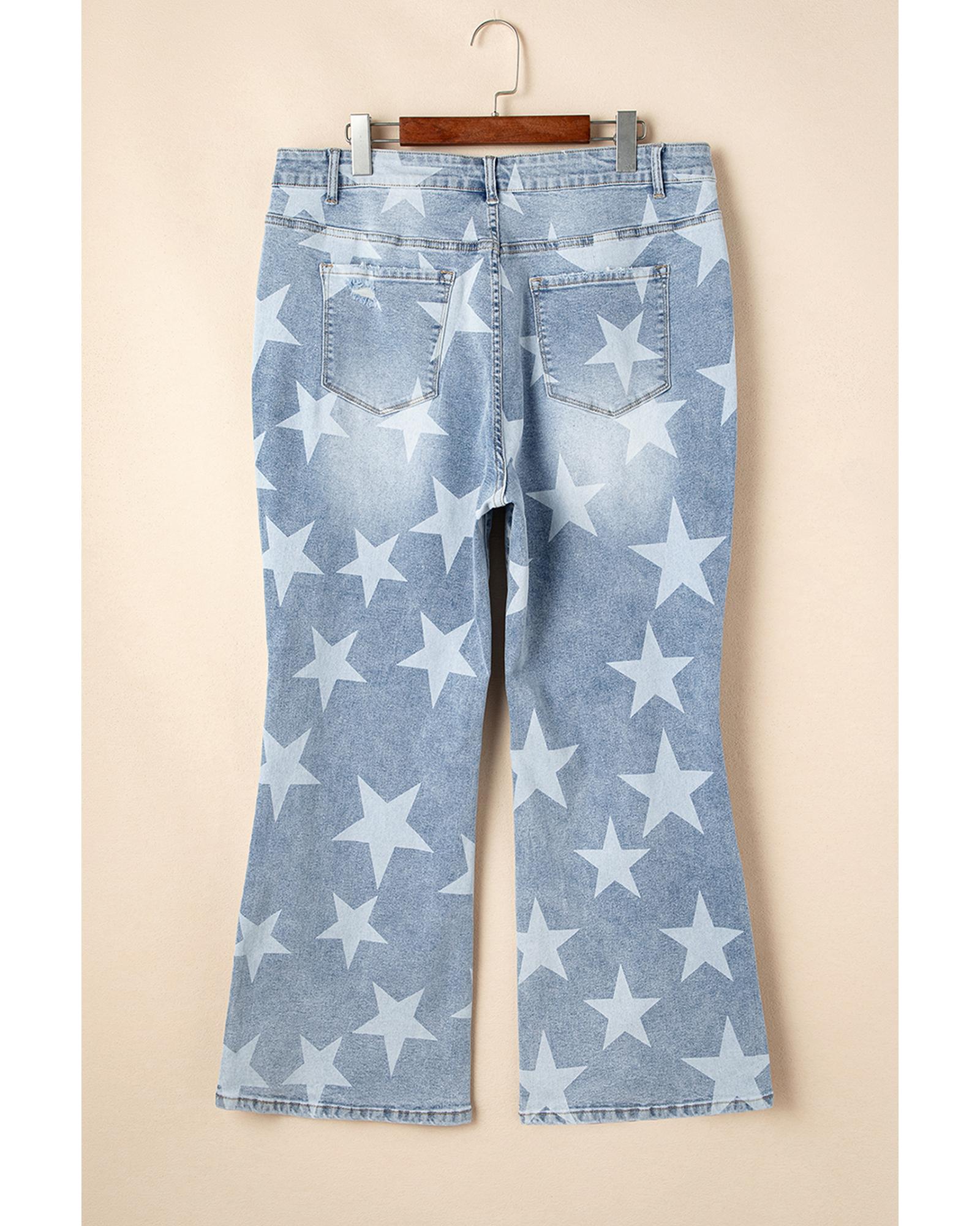 Sky Blue Star Printed Multi Buttons Slit Knee Destroyed Plus Size Jeans - 2X