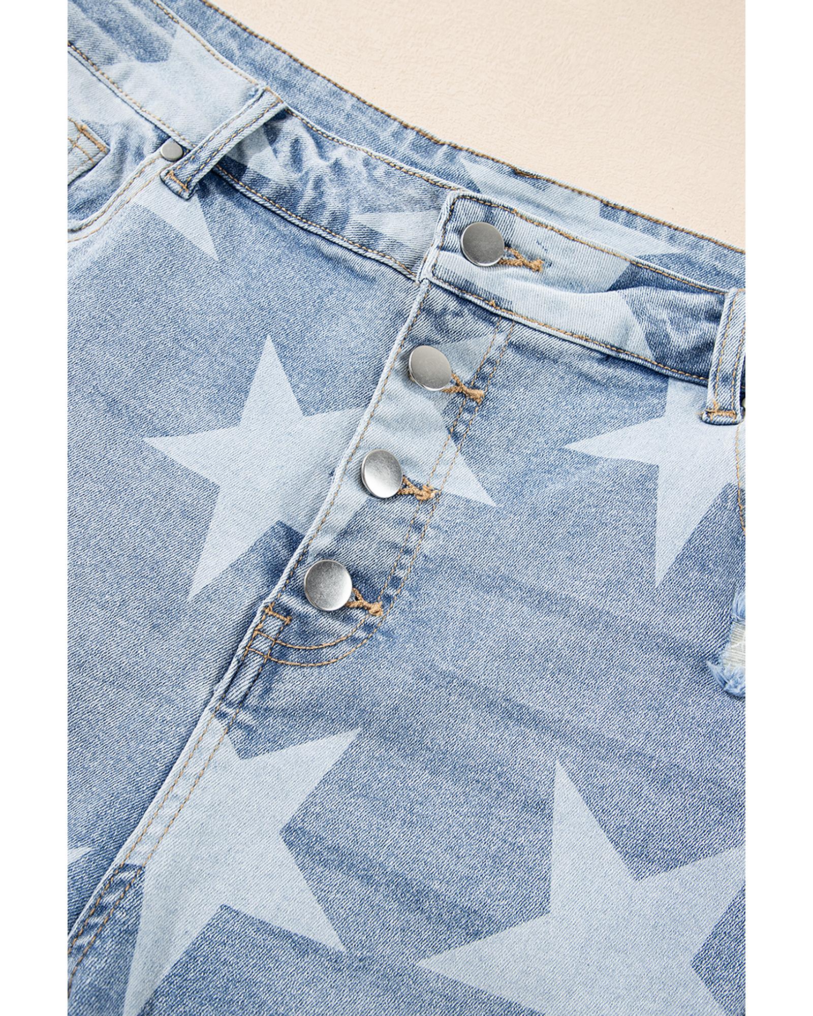 Sky Blue Star Printed Multi Buttons Slit Knee Destroyed Plus Size Jeans - 3X
