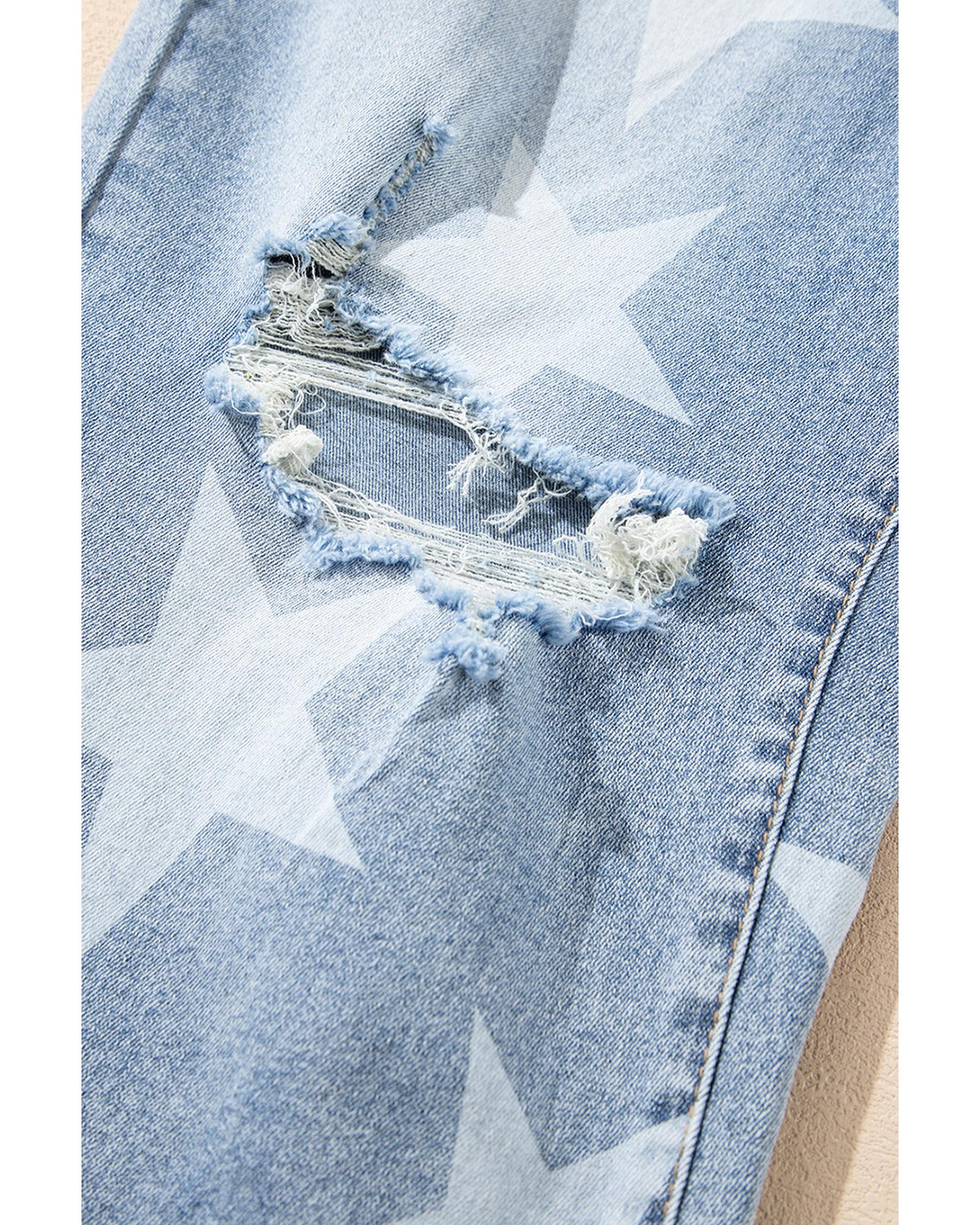 Sky Blue Star Printed Multi Buttons Slit Knee Destroyed Plus Size Jeans - 3X