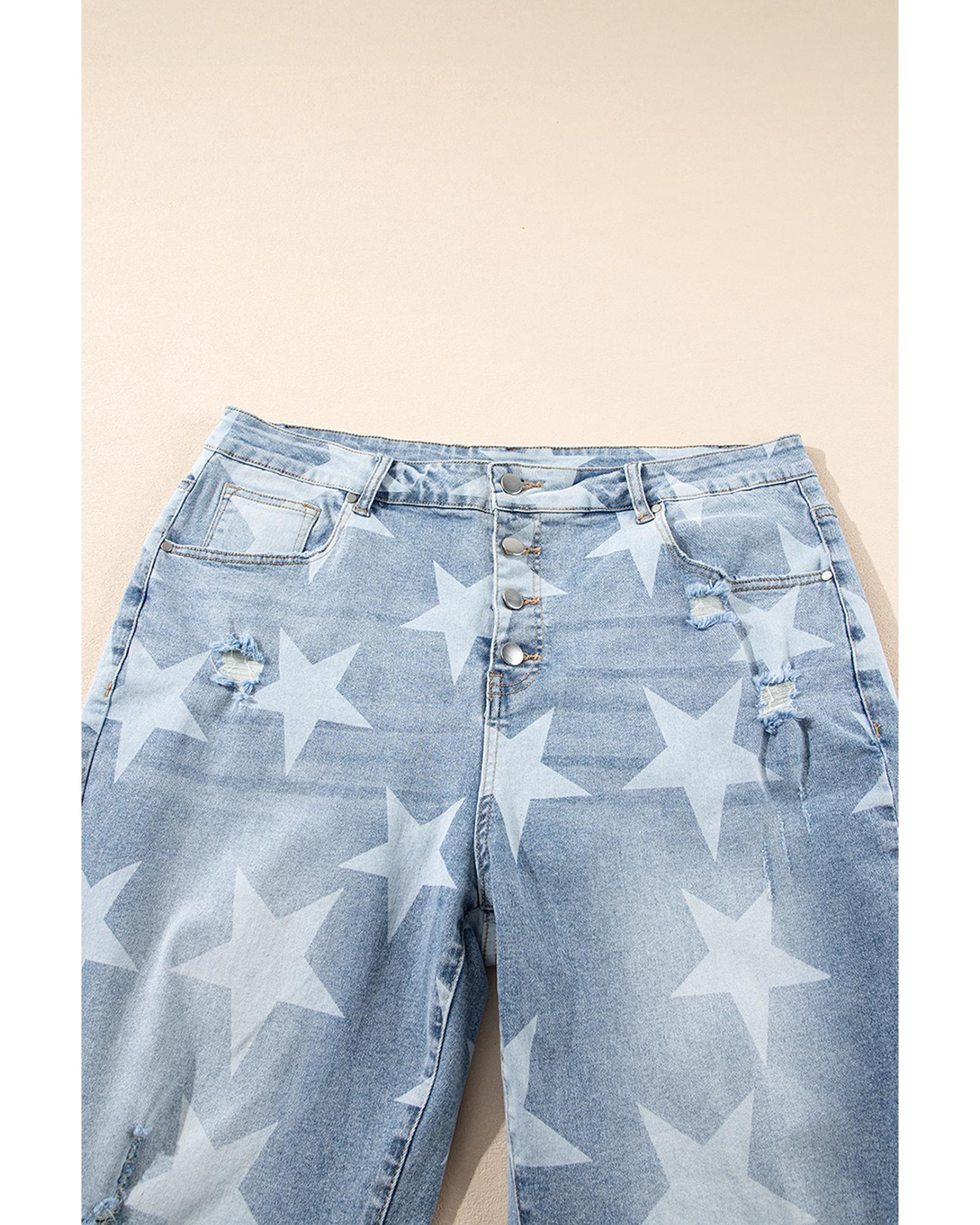 Sky Blue Star Printed Multi Buttons Slit Knee Destroyed Plus Size Jeans - 4X
