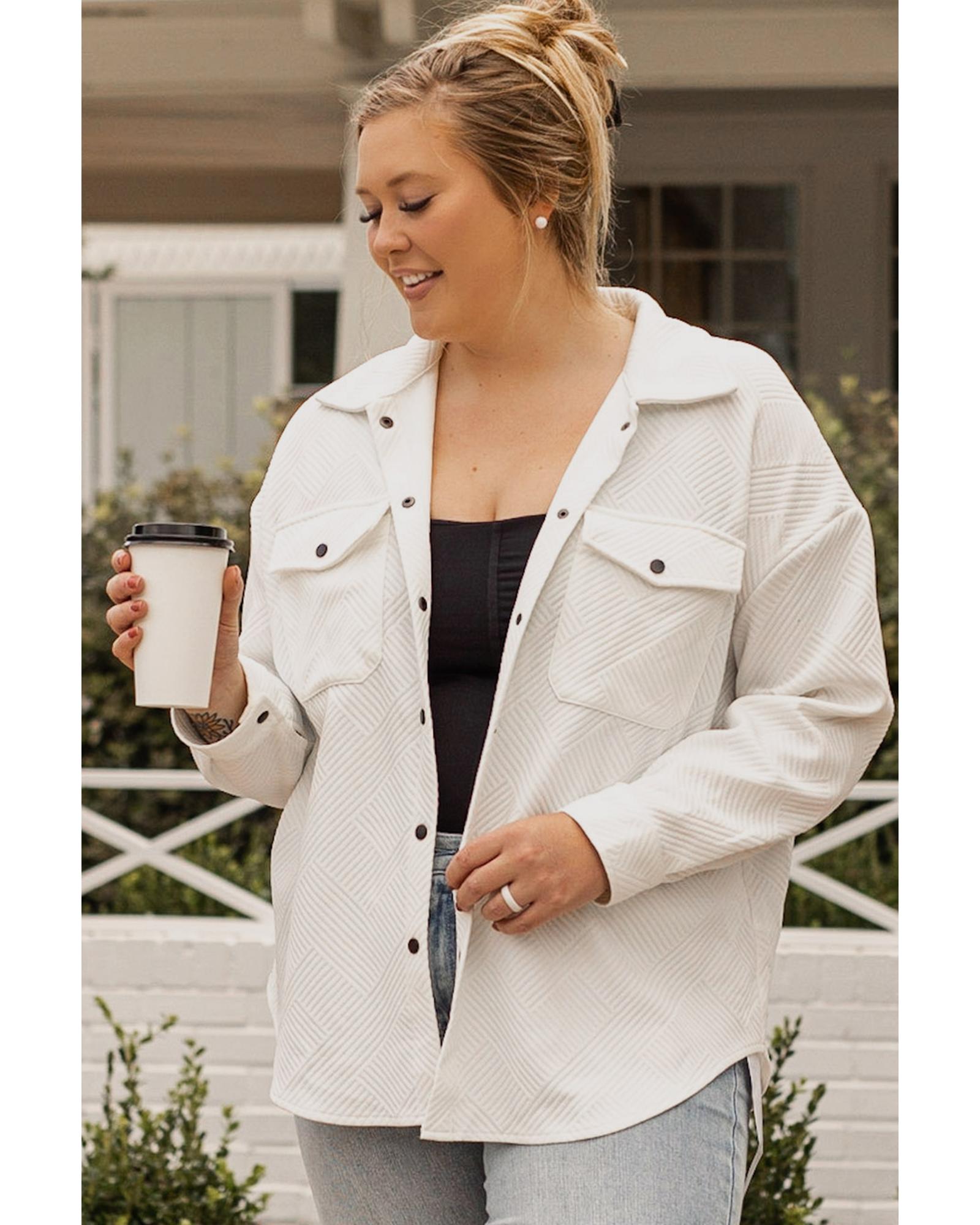 Beige Plus Size Textured Flap Pockets Jacket - 3X