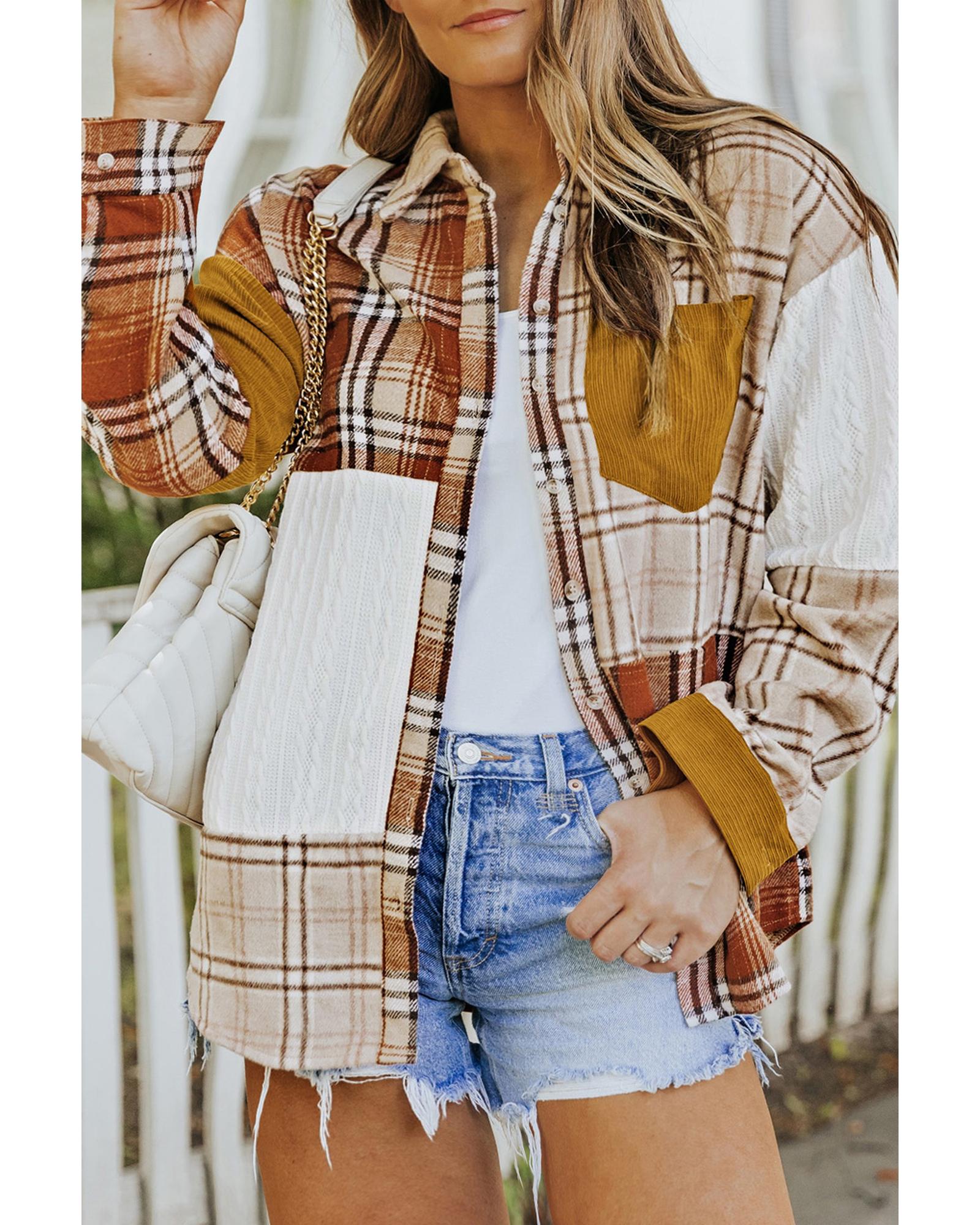 Gold Brick Plus Size Plaid Patchwork Button up Shacket - 1X