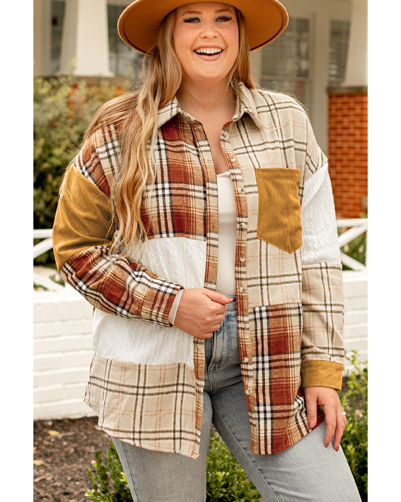 Gold Brick Plus Size Plaid Patchwork Button up Shacket - 1X
