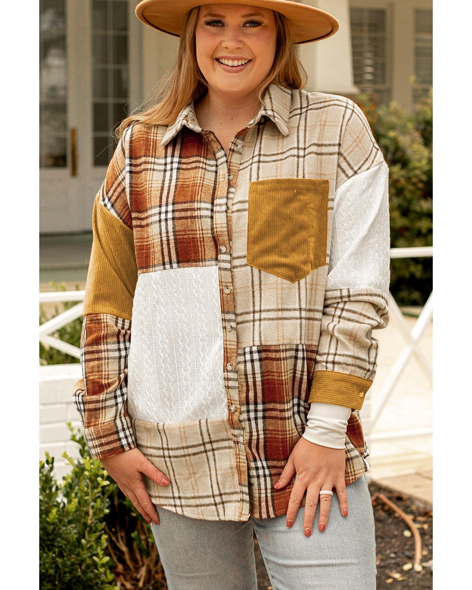 Gold Brick Plus Size Plaid Patchwork Button up Shacket - 1X