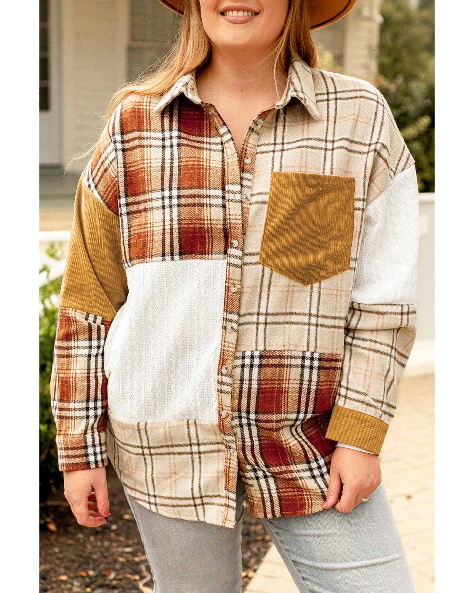 Gold Brick Plus Size Plaid Patchwork Button up Shacket - 1X