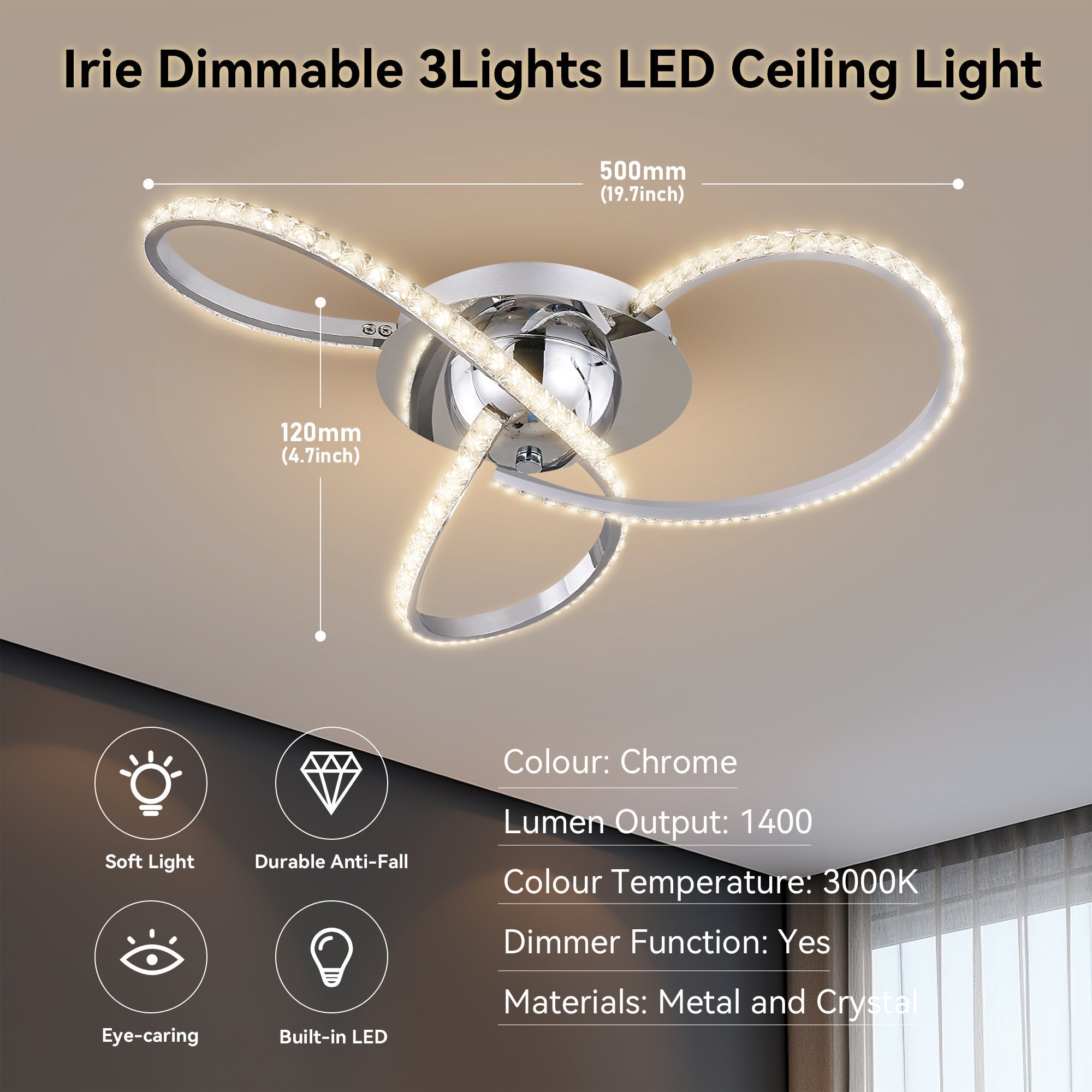Irie Dimmable 3 Lights LED Ceiling Light - Chrome