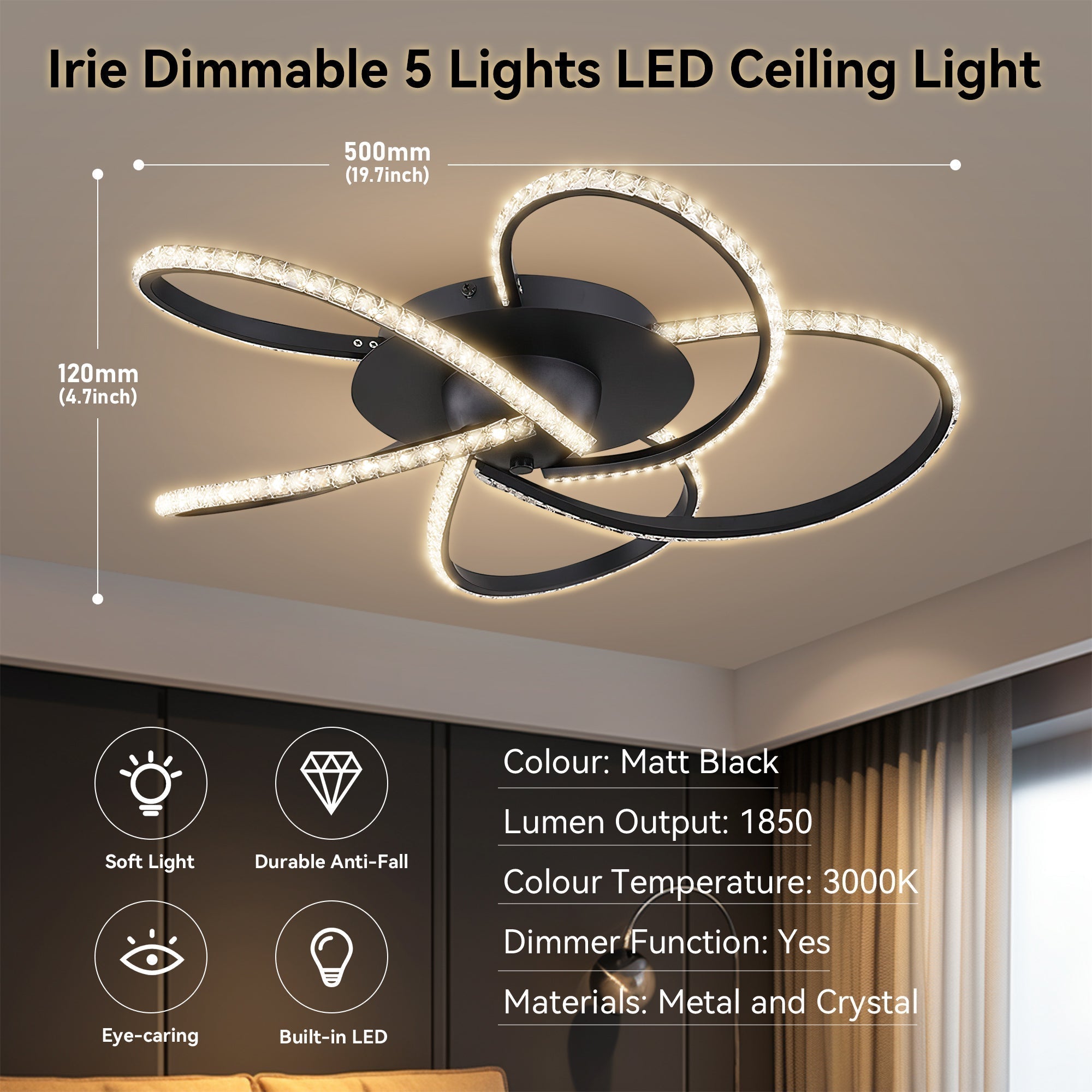 Irie Dimmable 5 Lights LED Ceiling Light - Black
