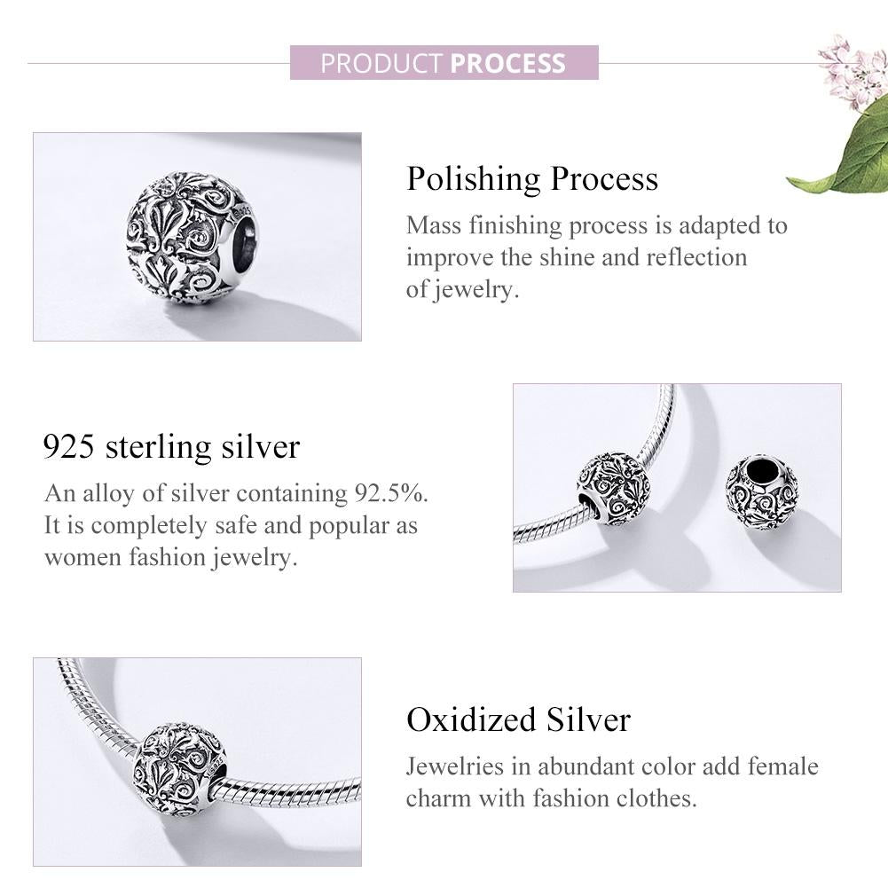 925 Sterling Silver Retro Flower Texture Beads For Diy Bracelets & Necklaces