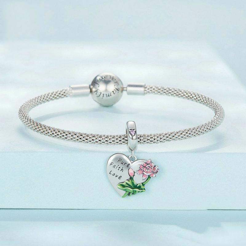 925 Sterling Silver Lotus Flower Love Zirconia Bracelet Charm