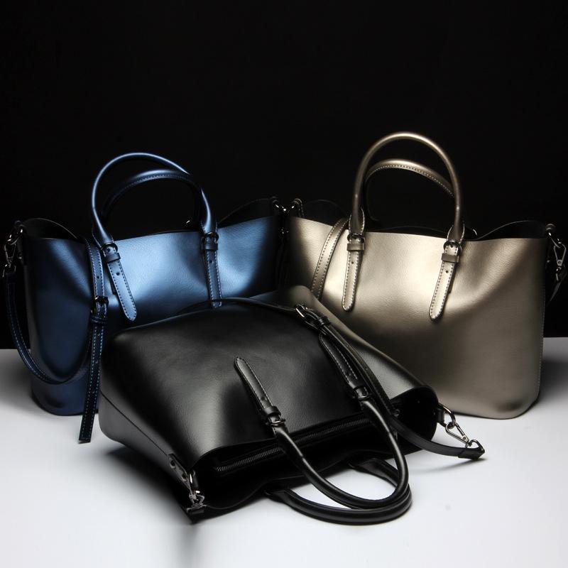 Blue Cowhide Messenger Tote For Women Large Capacity