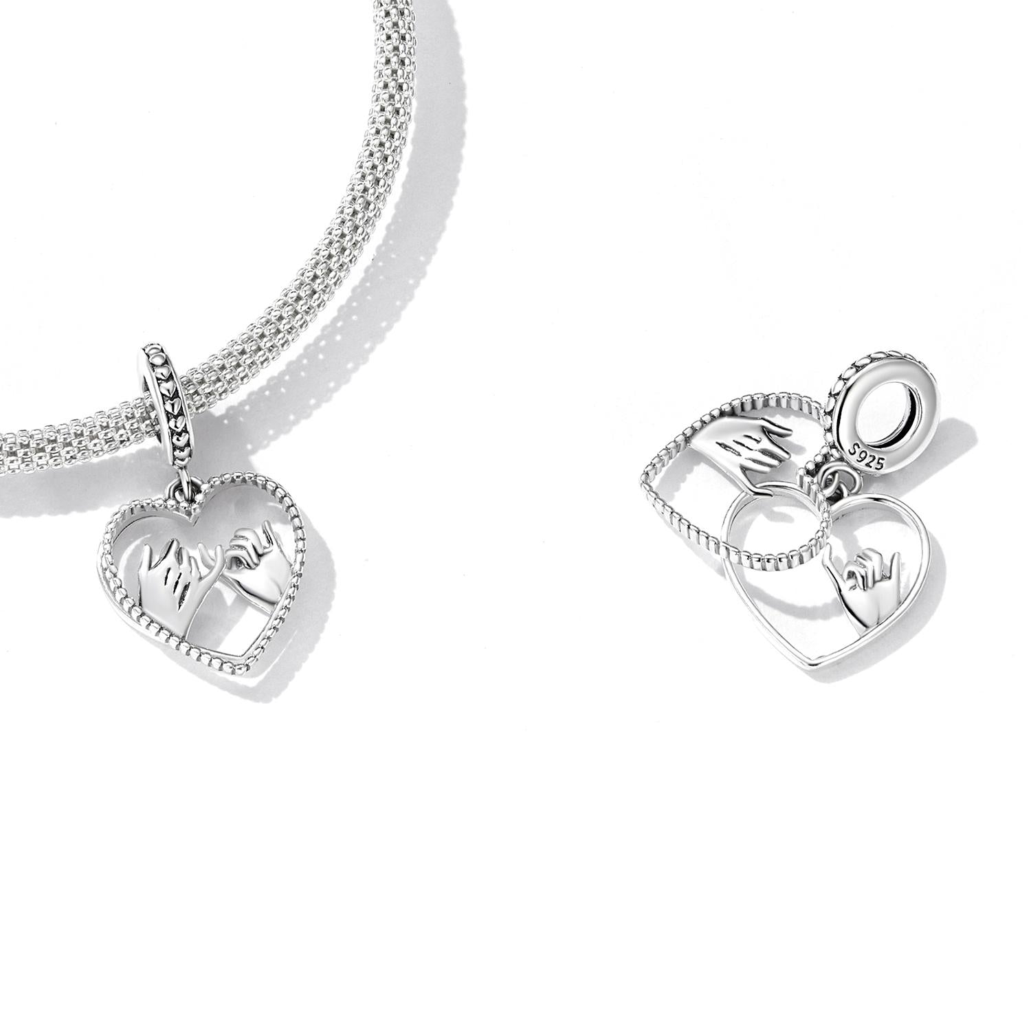925 Sterling Silver Hand In Hand Heart Pendant For Diy Bracelets & Necklaces