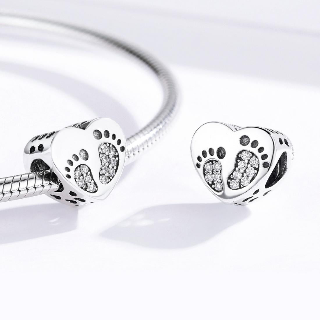 925 Sterling Silver Heart Footprint Beads For Diy Bracelets