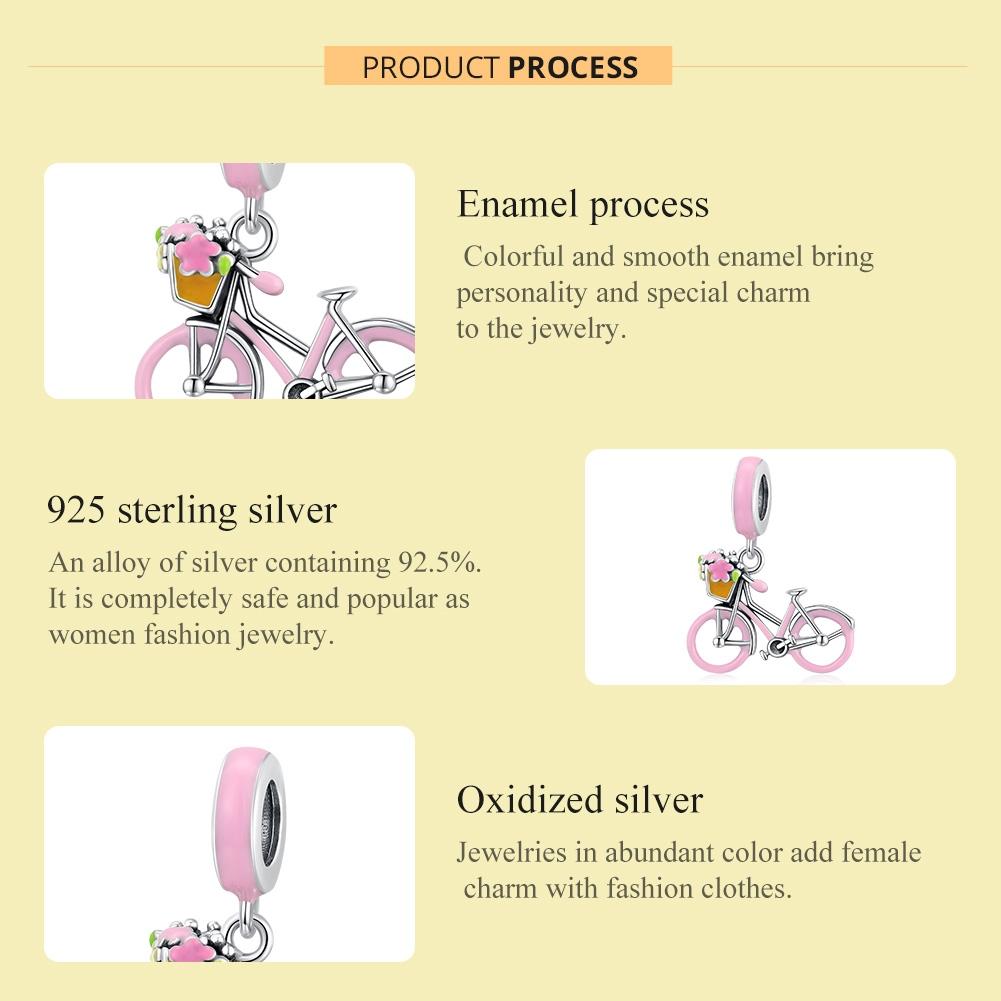 925 Sterling Silver Pink Bicycle Pendant For Bracelet Or Necklace
