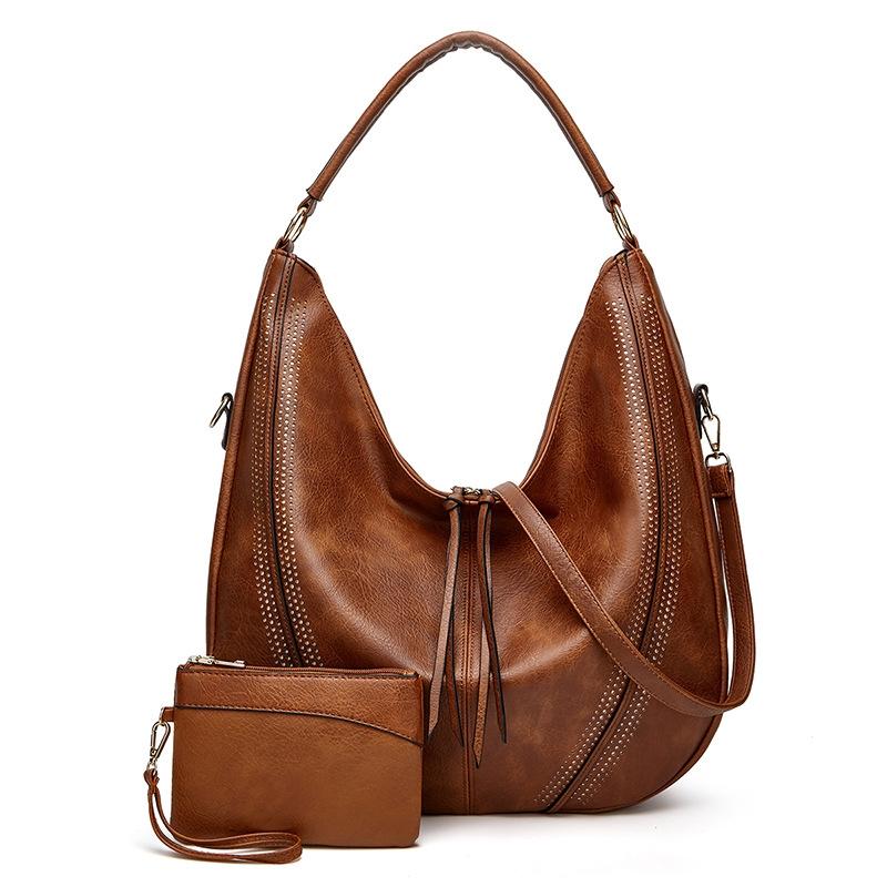 Large Capacity Pu Leather Tote Bag Black - 2 In 1 Brown