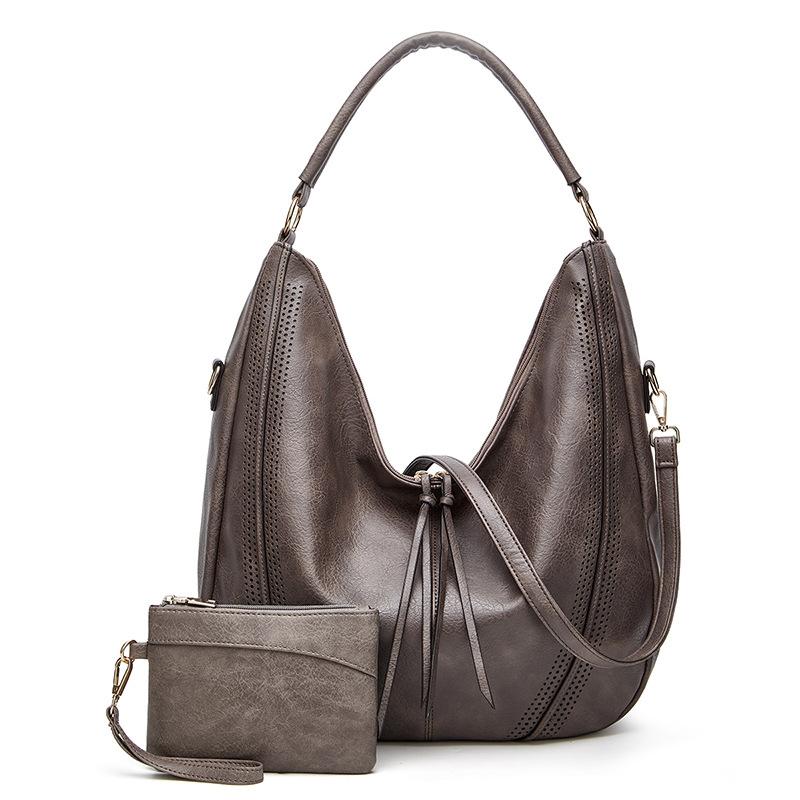 Large Capacity Pu Leather Tote Bag Black - 2 In 1 Brown